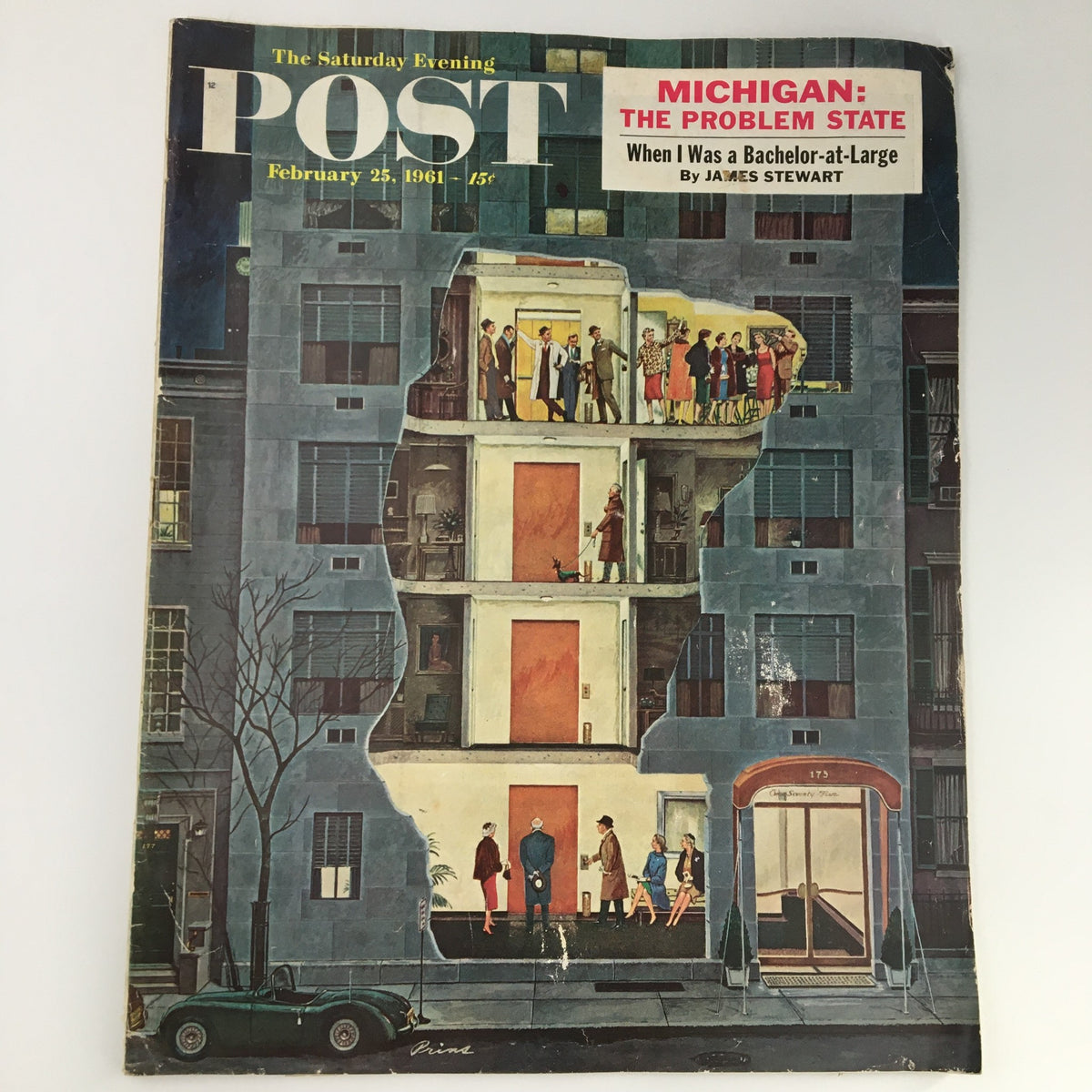 Cover of The Saturday Evening Post from February 25, 1961, featuring a colorful illustration and headline about James Stewart's story, 'When I Was a Bachelor-at-Large.'
