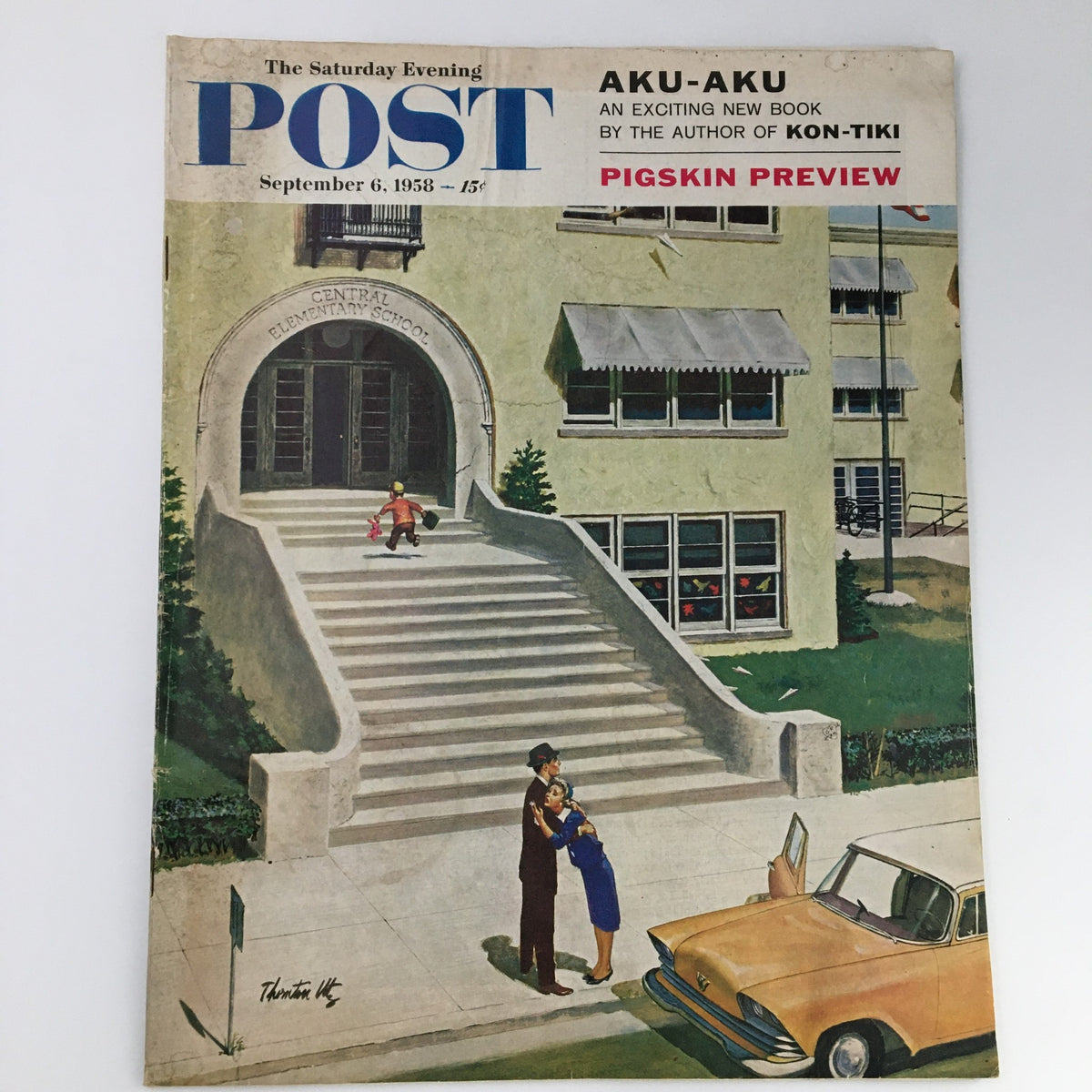 The Saturday Evening Post, September 6, 1958, cover featuring the Pigskin Review. The illustration shows a couple embracing in front of an elementary school building with a child running down the steps.
