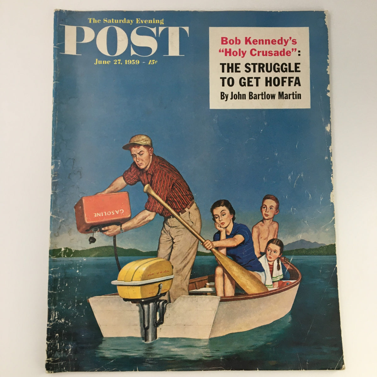 Cover of The Saturday Evening Post from June 27, 1959, featuring an illustration of a family in a boat, with a man holding a gasoline can and a woman paddling, representing vintage Americana.