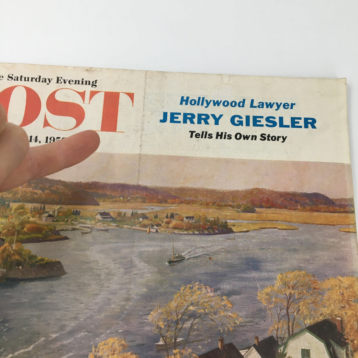 Close-up view of the cover of The Saturday Evening Post, November 14, 1959, showing the title and Jerry Giesler's feature, 'Hollywood Lawyer', alongside a scenic landscape of a river and vibrant autumn colors.