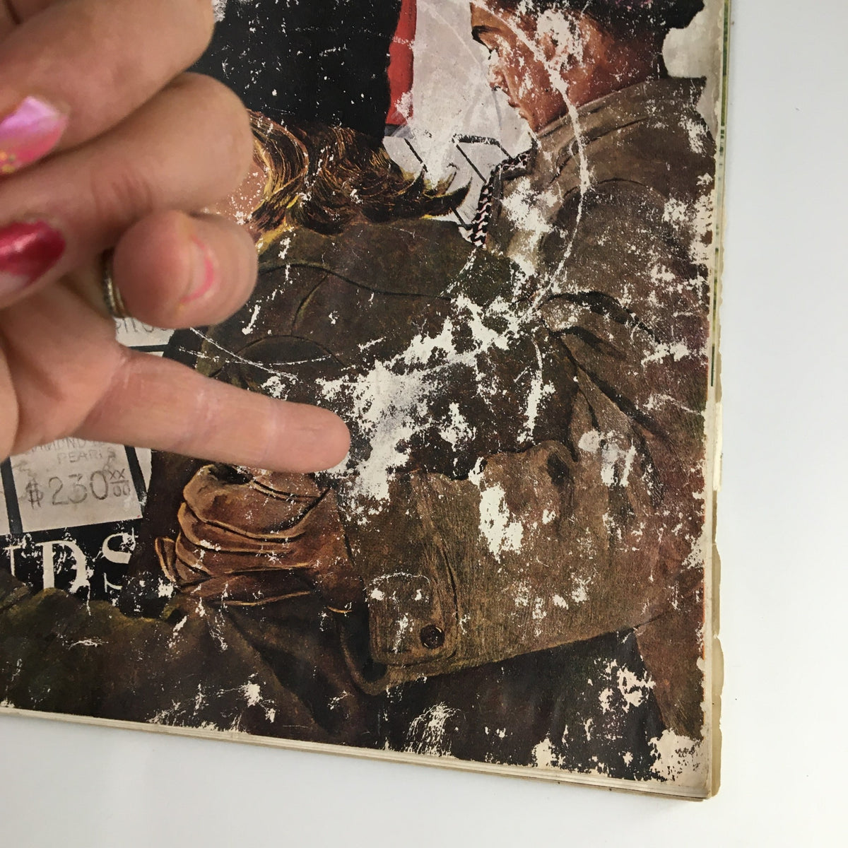 Close-up of the cover of The Saturday Evening Post February 11, 1961 featuring aged artwork and wear; perfect for collectors interested in James Stewart's story.