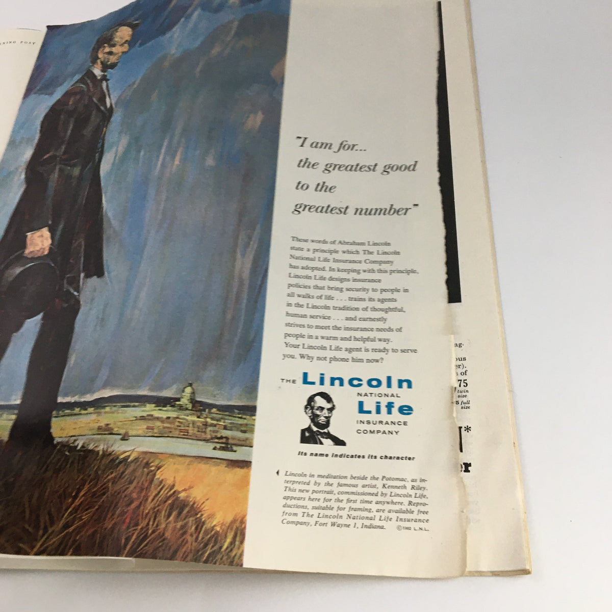 An interior page from The Saturday Evening Post February 11, 1961 displaying an advertisement featuring a quote by Abraham Lincoln, highlighting the nostalgic essence of the magazine.