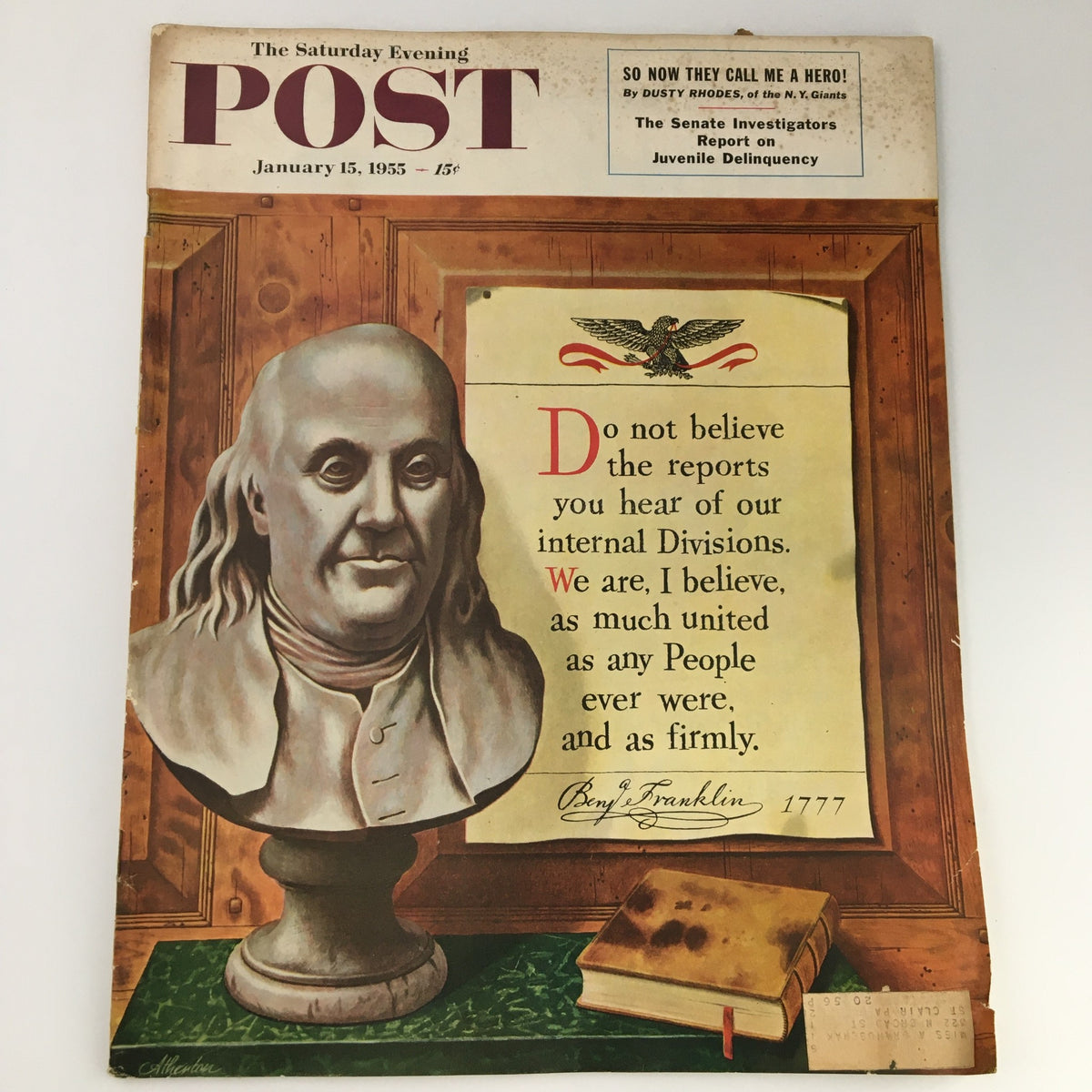 The Saturday Evening Post January 15, 1955 cover featuring Benjamin Franklin bust and a famous quote about unity in a historic setting.