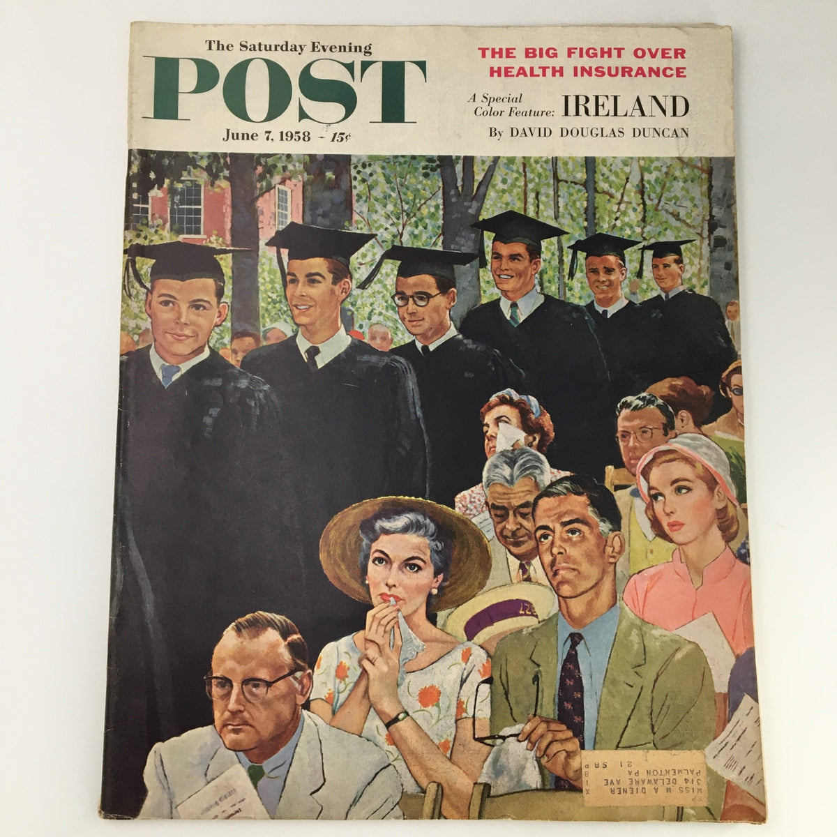 Cover of The Saturday Evening Post, June 7, 1958, featuring a vibrant illustration related to Ireland by David Douglas Duncan, showcasing a graduation scene with diverse characters.