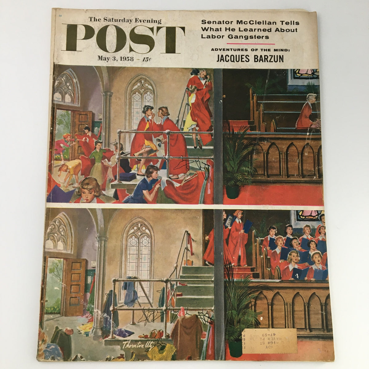 Cover of The Saturday Evening Post from May 3, 1958, featuring the Adventures of the Mind of Jacques Barzun. The illustration depicts children in colorful attire engaged in various activities, with vibrant imagery that draws attention to the magazine's artistic style and nostalgic charm.