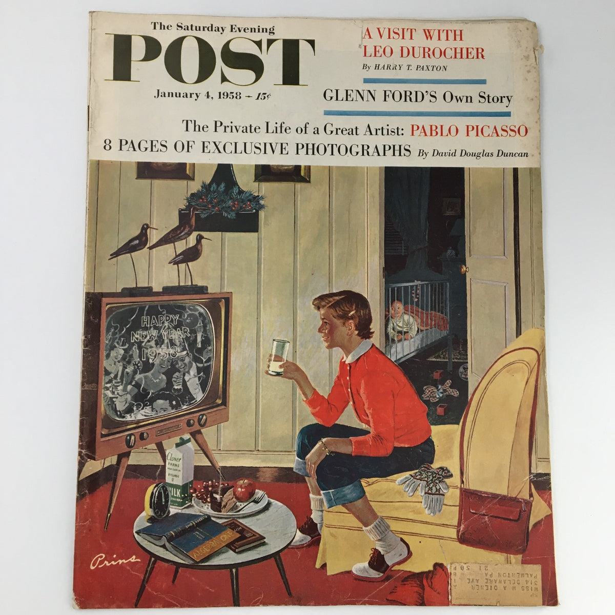 Cover of The Saturday Evening Post dated January 4, 1958, featuring an article on the Private Life of Artist Pablo Picasso, with a vintage illustration of a young boy watching television and celebrating New Year in a cozy living room.