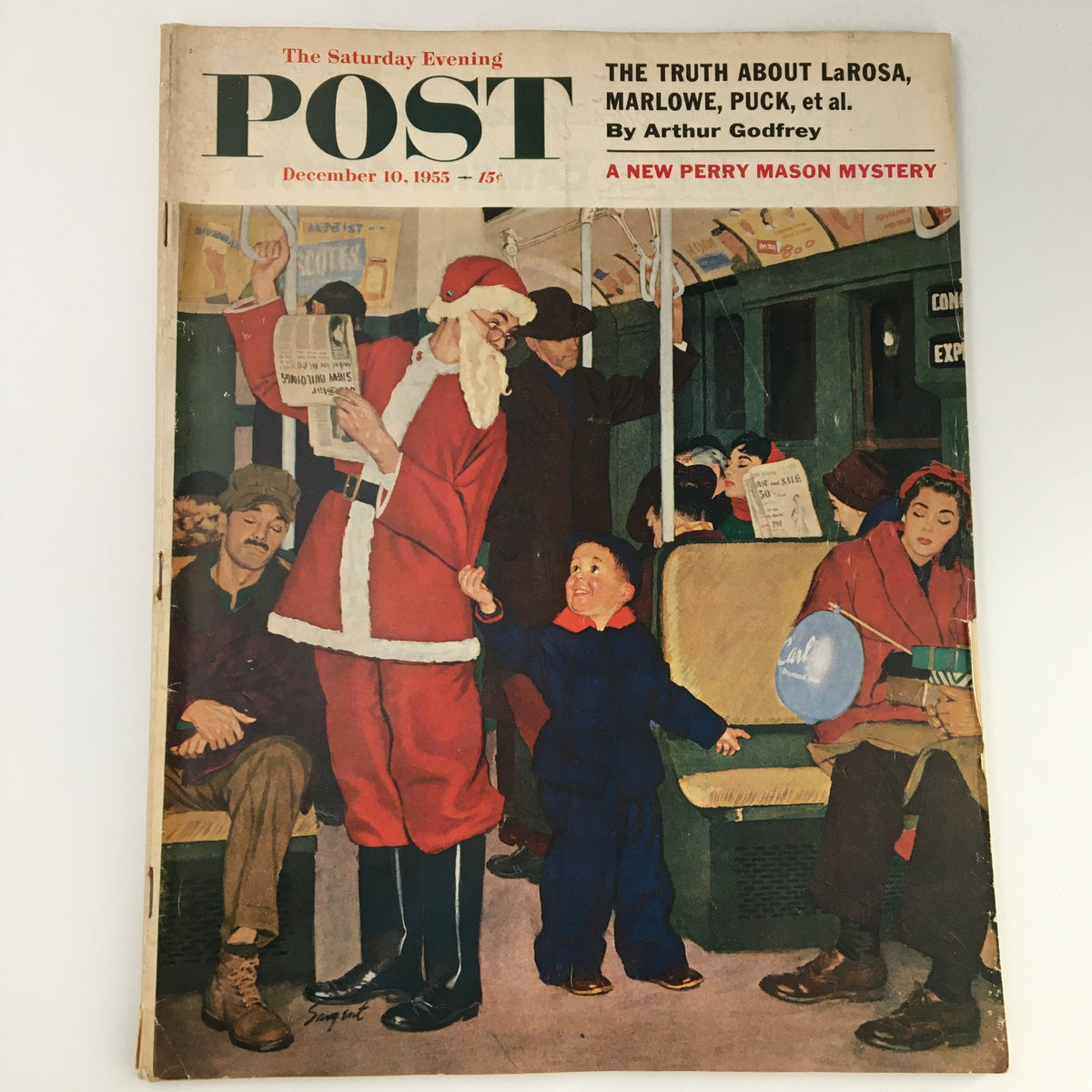 Cover of The Saturday Evening Post, December 10, 1955, featuring Santa Claus and child in a subway setting, highlighting artists LaRosa, Marlowe, and Puck.