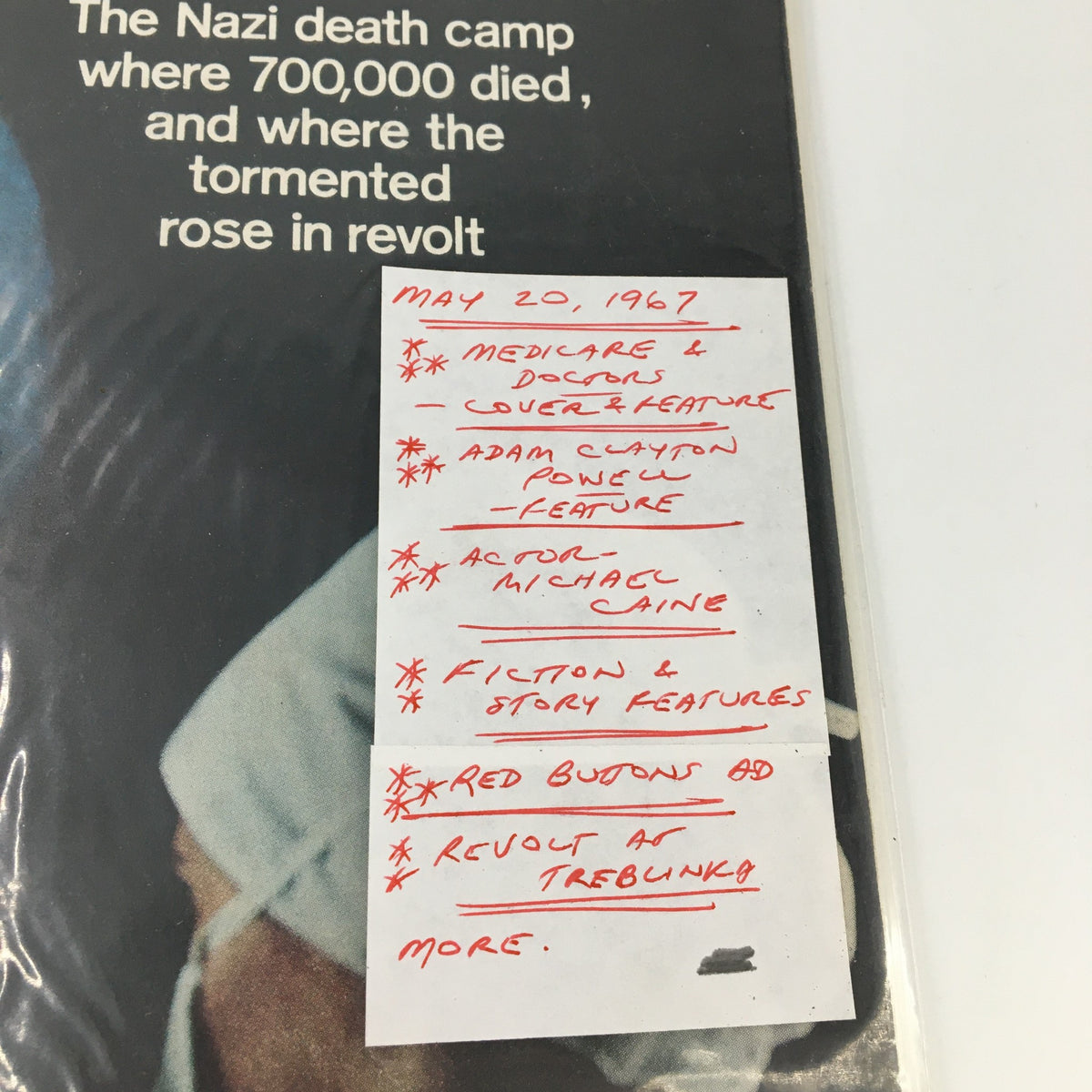 The Saturday Evening Post May 20 1967 notes highlighting featured articles including Adam Clayton Powell, Medicare, and topics related to WWII.