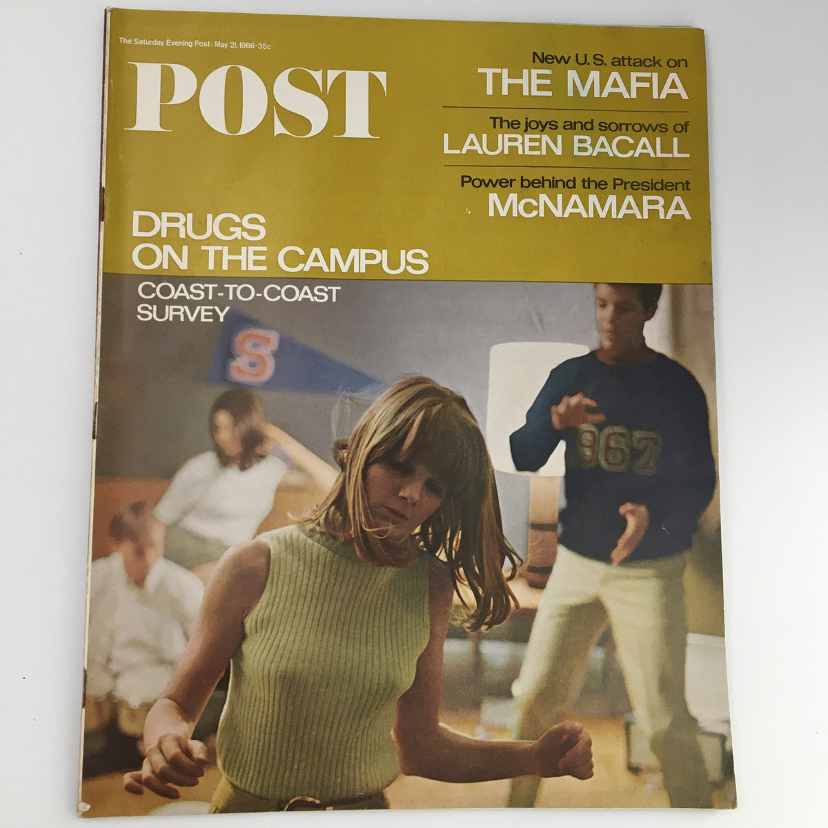 The Saturday Evening Post May 21 1966 cover featuring iconic actress Lauren Bacall with a feature on McNamara, showcasing mid-1960s design and themes.