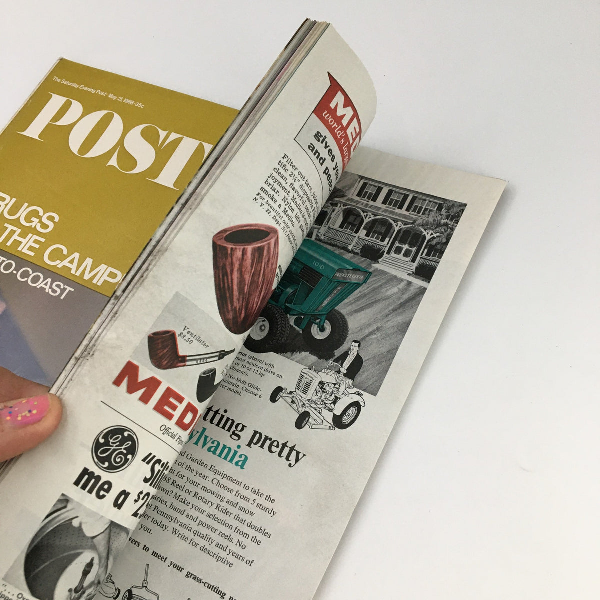 Interior page of The Saturday Evening Post May 21 1966, displaying vintage advertisements alongside a glimpse of the publication's engaging content.