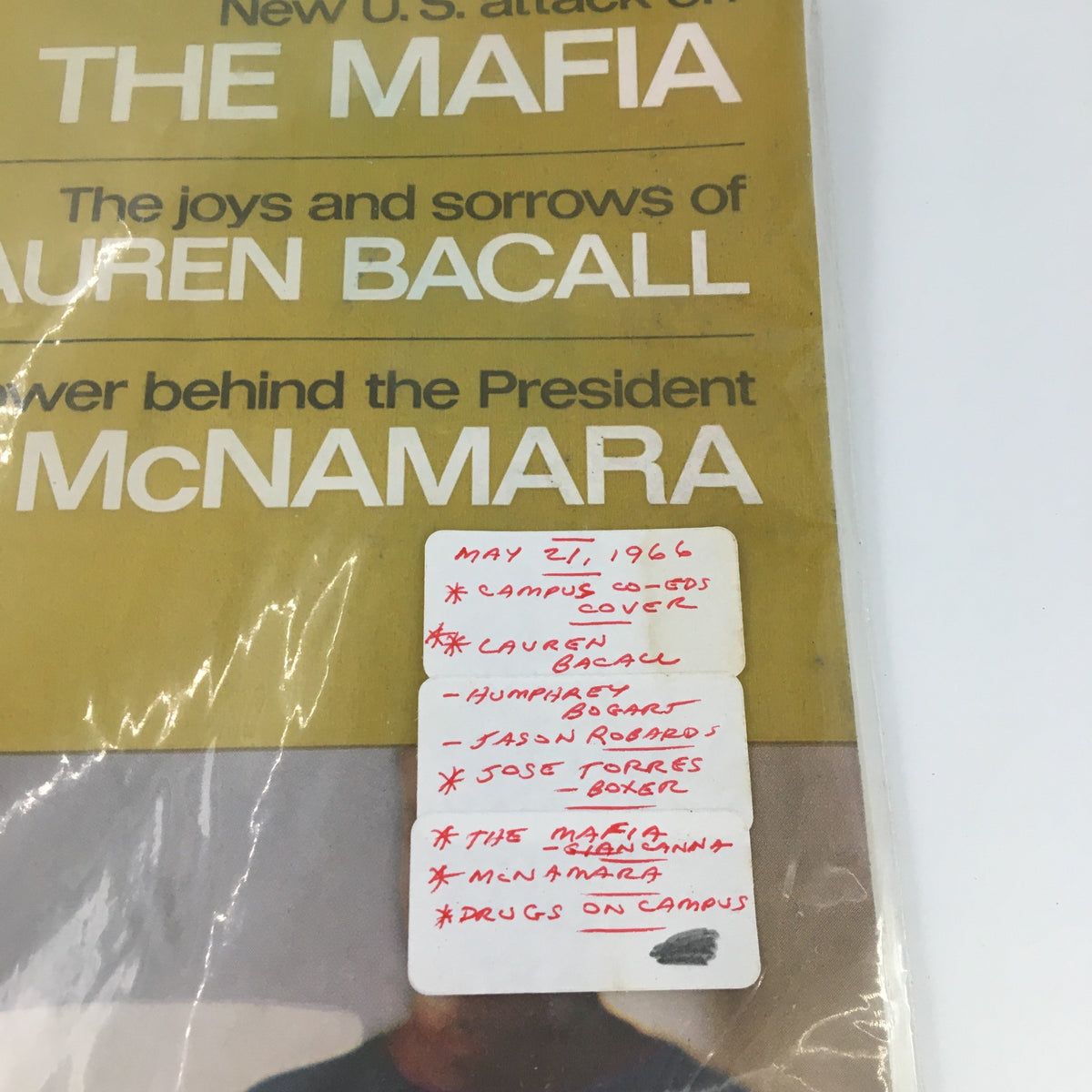 Close-up of The Saturday Evening Post May 21, 1966 magazine cover, highlighting details such as Lauren Bacall's name and a handwritten note mentioning key topics like the Mafia and drugs on campus.