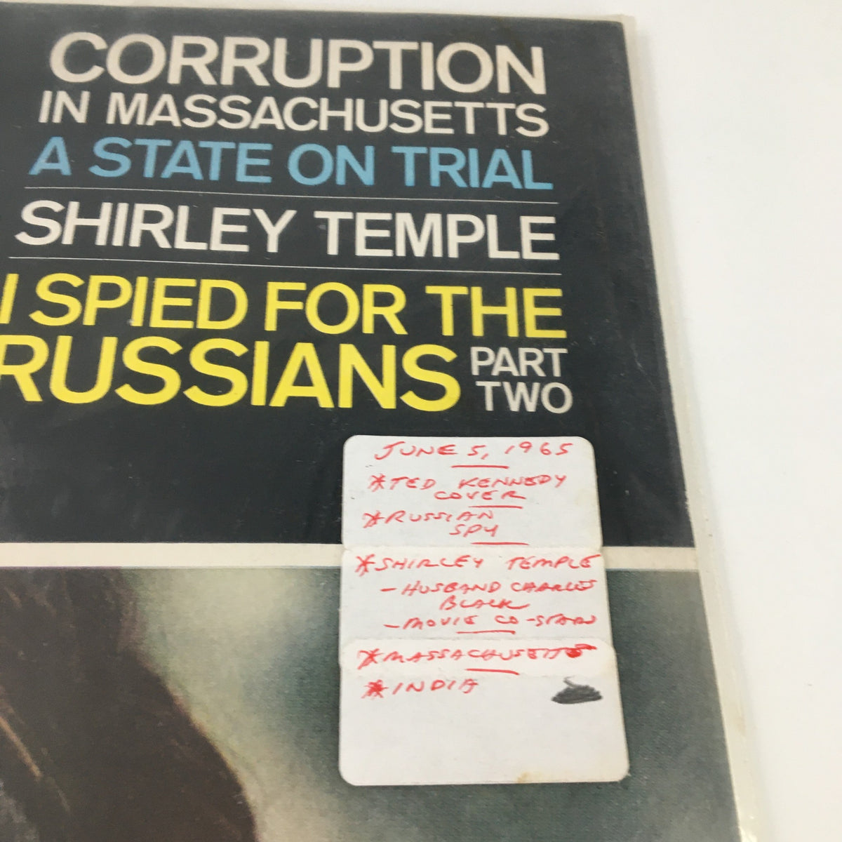 Close-up of the The Saturday Evening Post June 5, 1965 cover with highlighted text on corruption in Massachusetts and other featured stories, centering around Teddy Kennedy.
