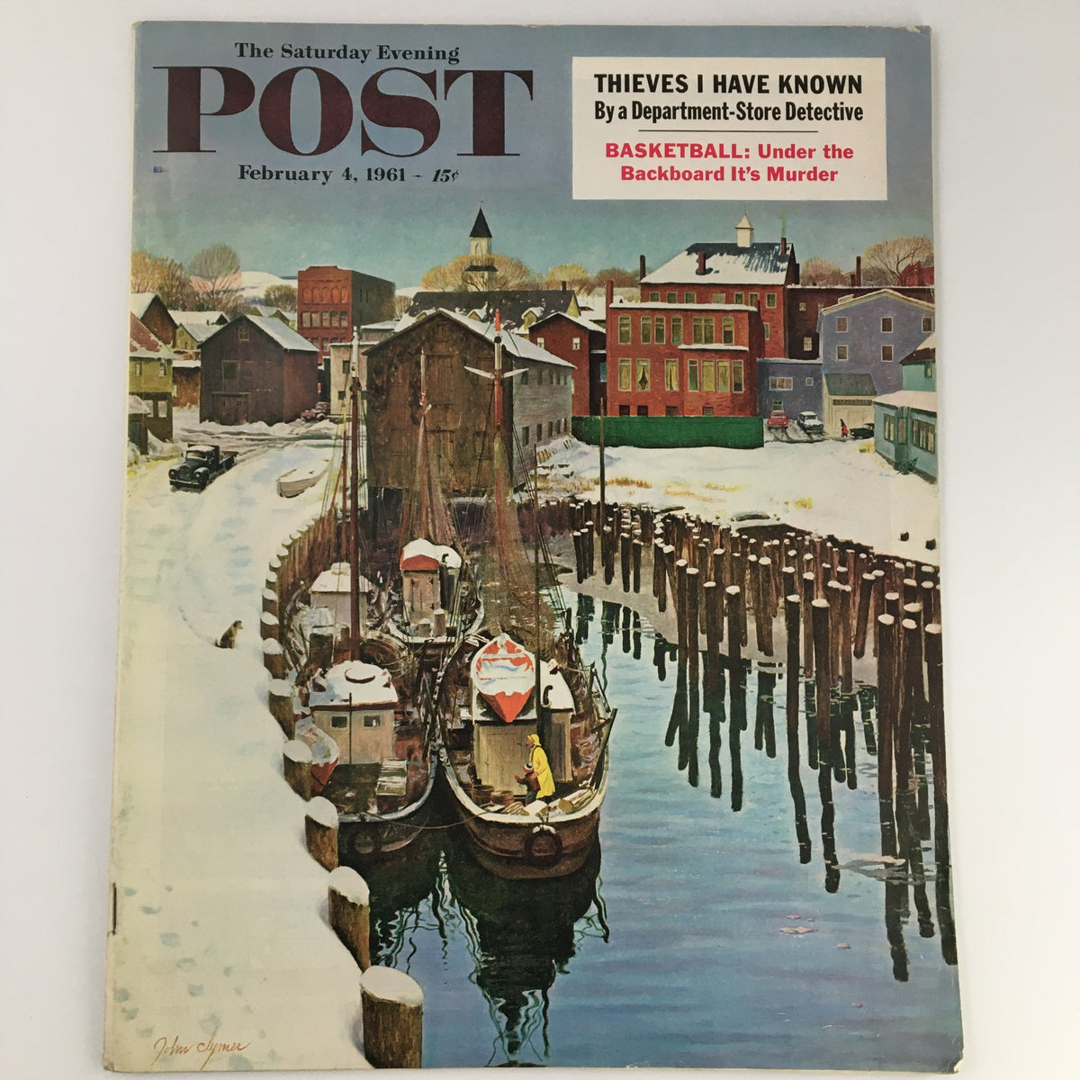 Cover of The Saturday Evening Post from February 4, 1961, featuring a winter harbor scene with boats and snowy landscapes, highlighting Gene Conley and Bill Russell.