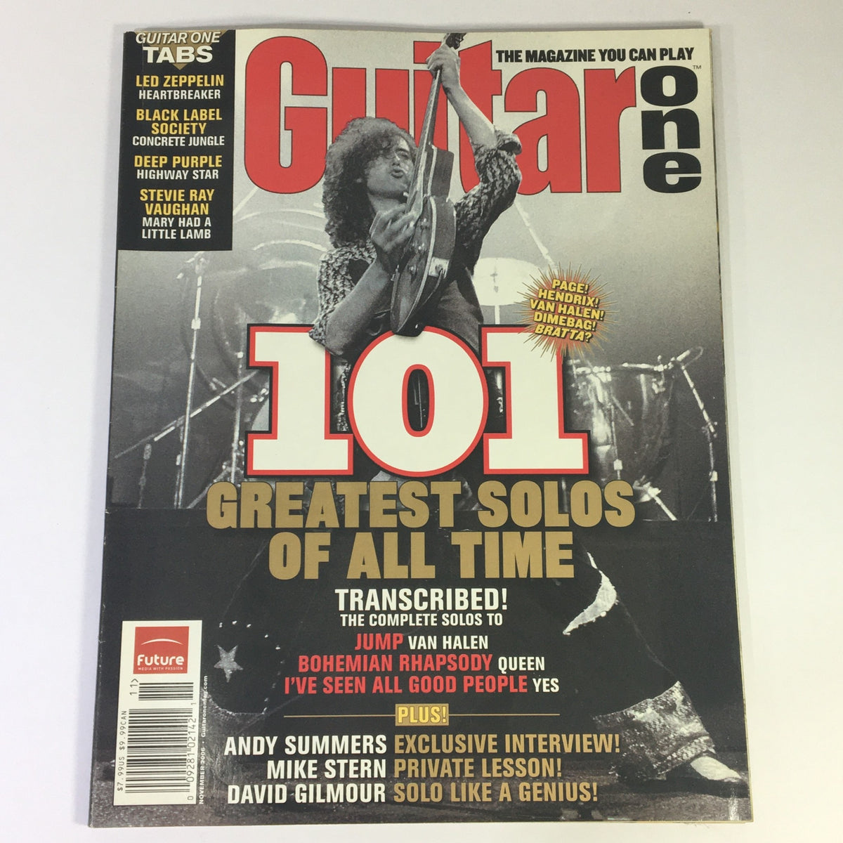 Cover of Guitar One Magazine November 2006 featuring artists such as Van Halen, Queen, Andy Summers, and Mike Stern, highlighting '101 Greatest Solos of All Time' and special interviews inside.