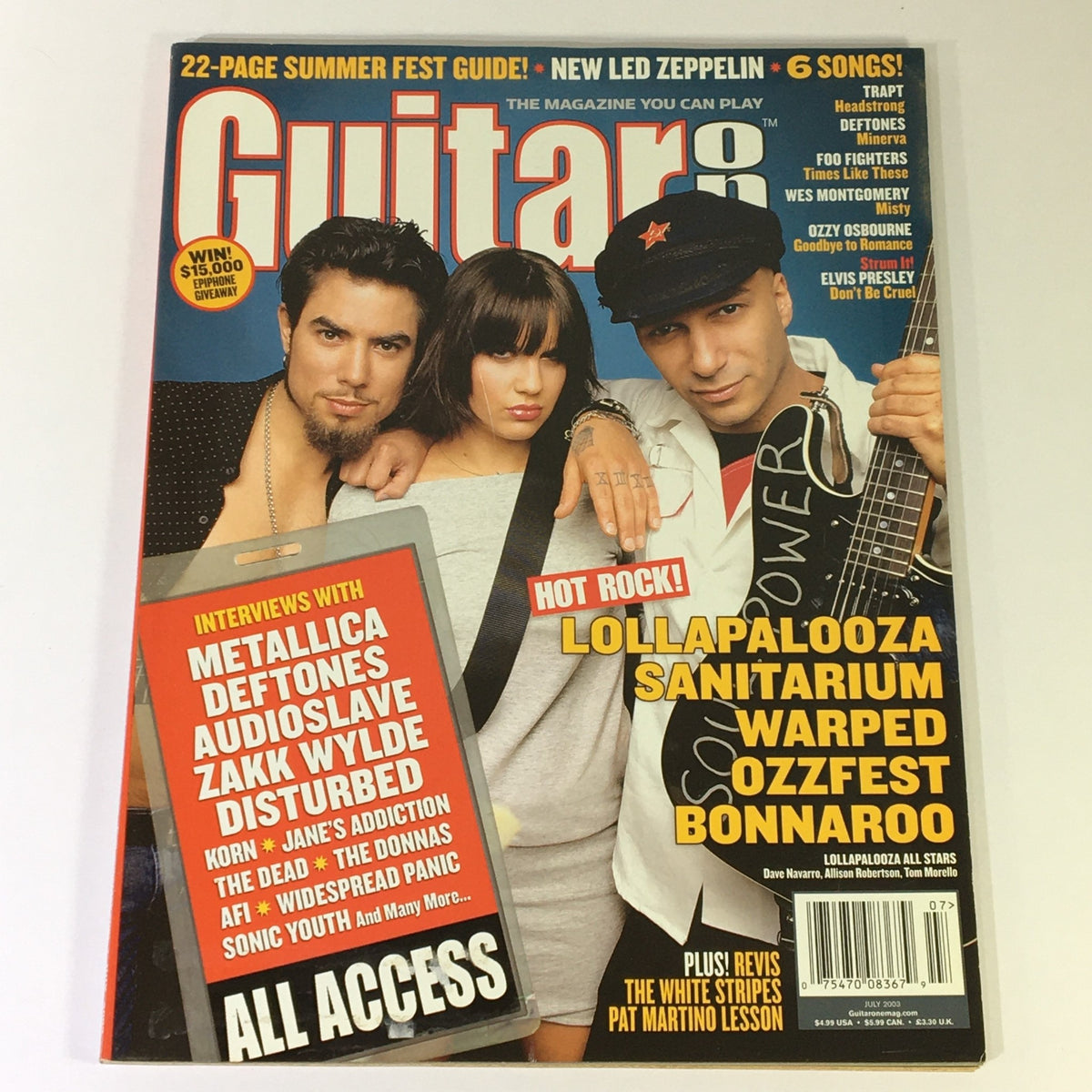 Cover of Guitar One Magazine July 2003 featuring the title 'Guitar One Magazine July 2003 - The Noise of Summer / Hoobastank / Jon Madof', showcasing three rock musicians posing with an electric guitar and striking a dynamic pose.