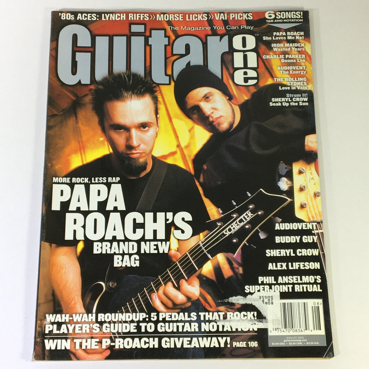 Cover image of Guitar One Magazine August 2002 featuring Papa Roach, showcasing rock music culture and iconic guitarists.