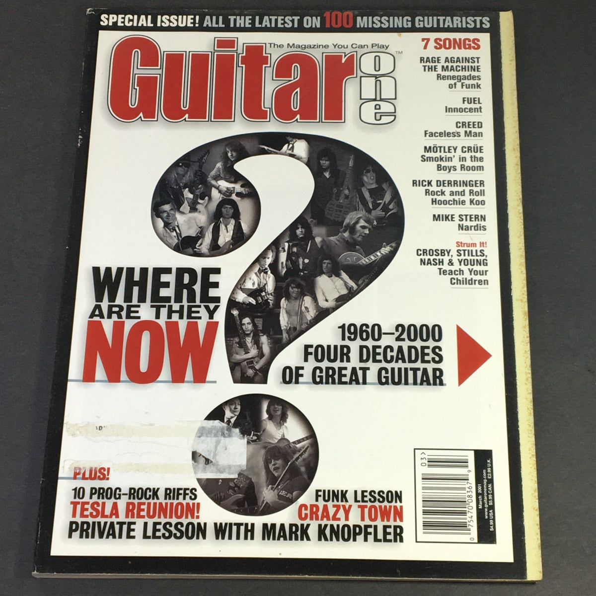 Guitar One Magazine March 2001 cover featuring the question 'Where Are They Now?' and notable guitarists including Mark Knopfler, Rick Derringer, and Mike Stern. Special issue focusing on influential guitarists from 1960 to 2000.