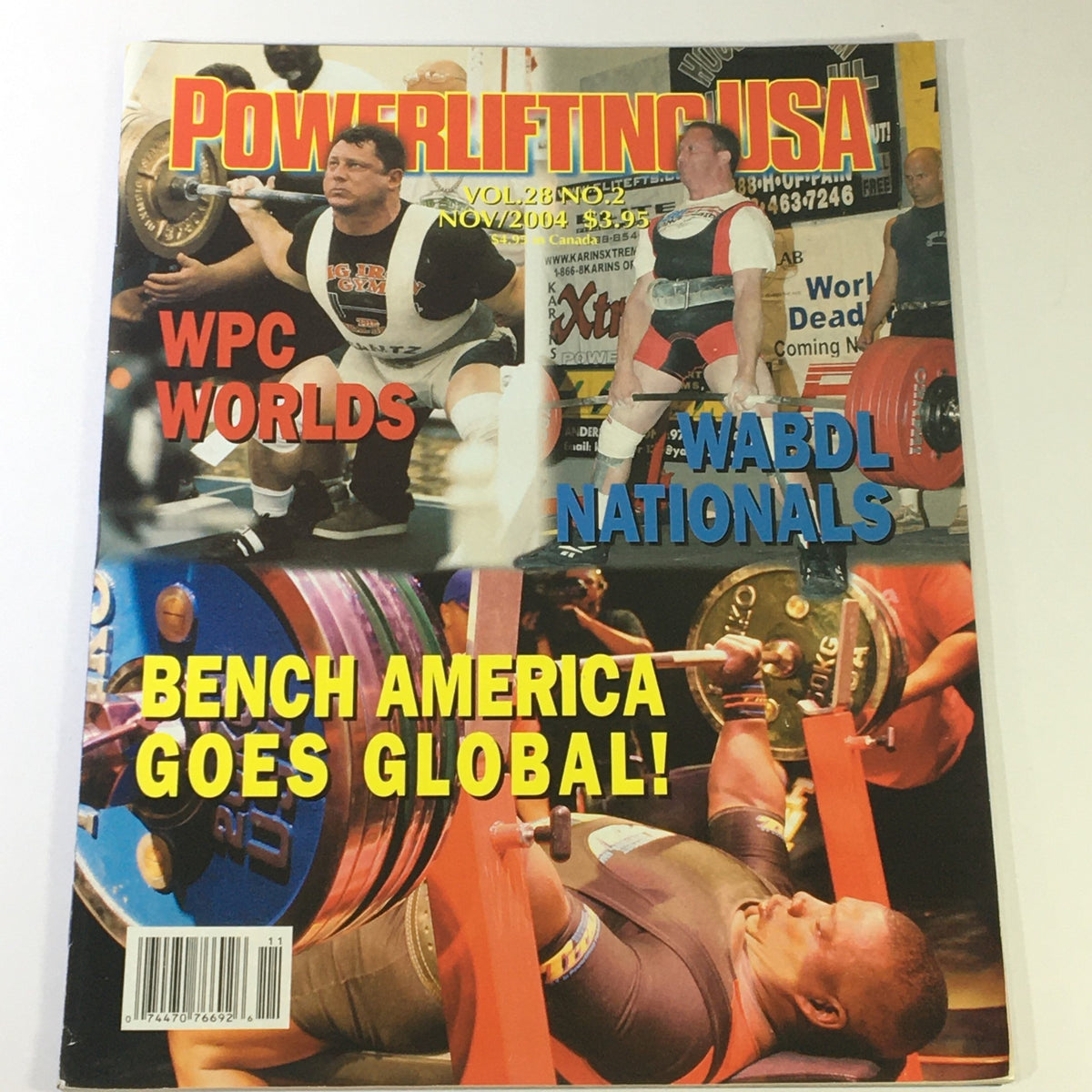 Cover of Powerlifting USA November 2004 Vol 28 #2 showcasing athletes competing in powerlifting events, featuring the headline 'WPC WORLDS' and 'WABDL NATIONALS'. Includes the subheading 'BENCH AMERICA GOES GLOBAL!'