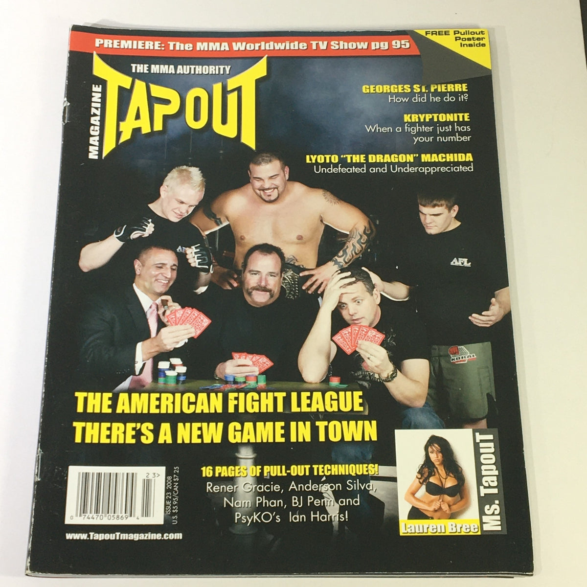 Cover of Tapout MMA Magazine #23 from 2008 featuring George St. Pierre, Lyoto Machida, Rener Gracie, and promotional content for the American Fight League and Ms. Tapout.