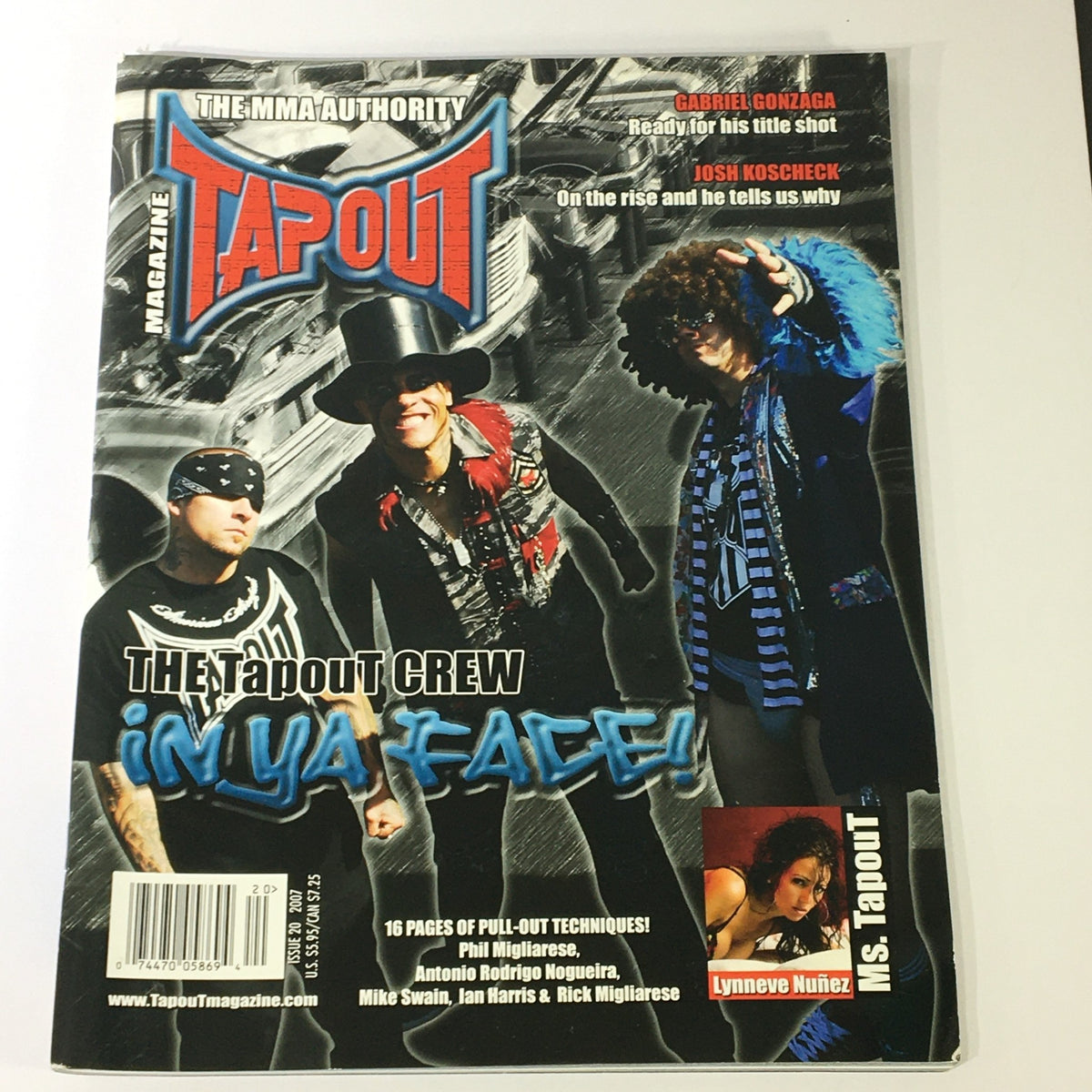 Tapout MMA Magazine #20 2007 cover featuring Gabriel Gonzaga, Josh Koscheck, and Lynneve Nuñez, showcasing the vibrant MMA culture of the time.