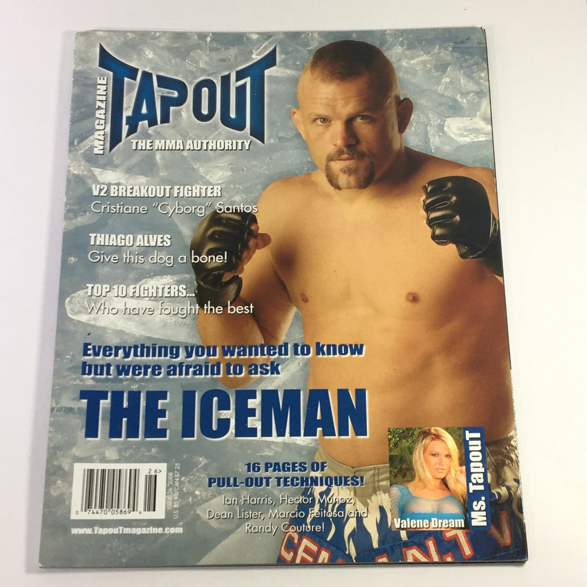 Tapout MMA Magazine #26 2008 cover featuring Cristiane "Cyborg" Santos and Ms. Valene Dream, showcasing MMA highlights and fighter profiles.