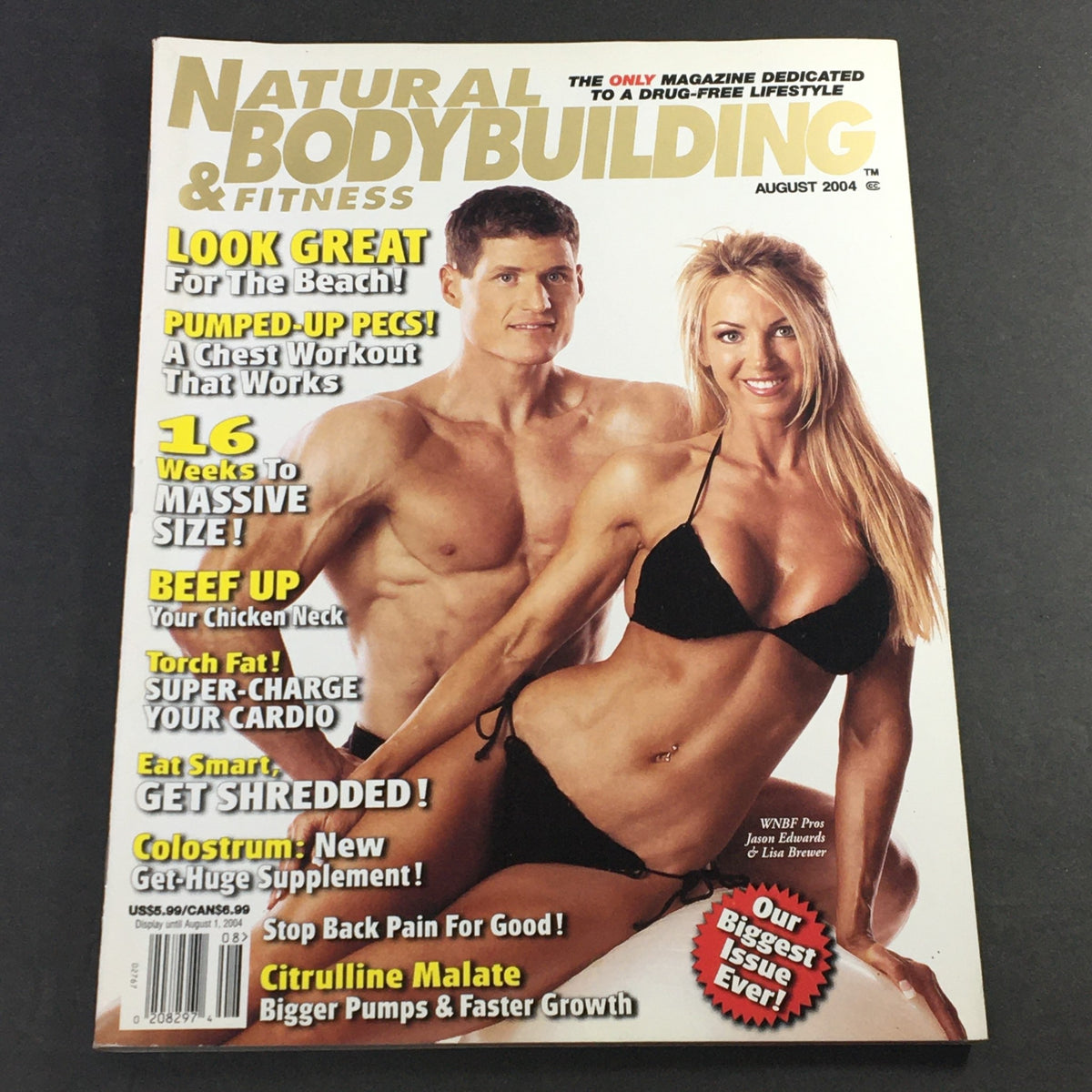 Natural Bodybuilding & Fitness August 2004 magazine cover featuring professionals Jason Edwards and Lisa Brewer, showcasing fitness tips and bodybuilding advice.