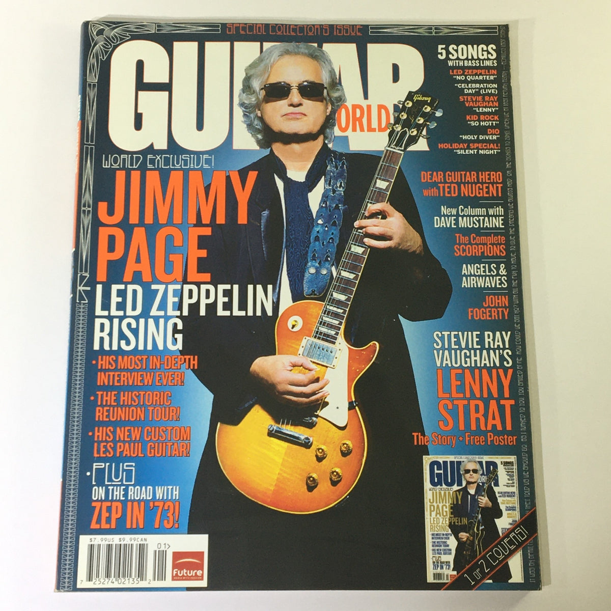 Cover of Guitar World Magazine January 2008 featuring Jimmy Page of Led Zeppelin holding a Lenny Strat guitar.