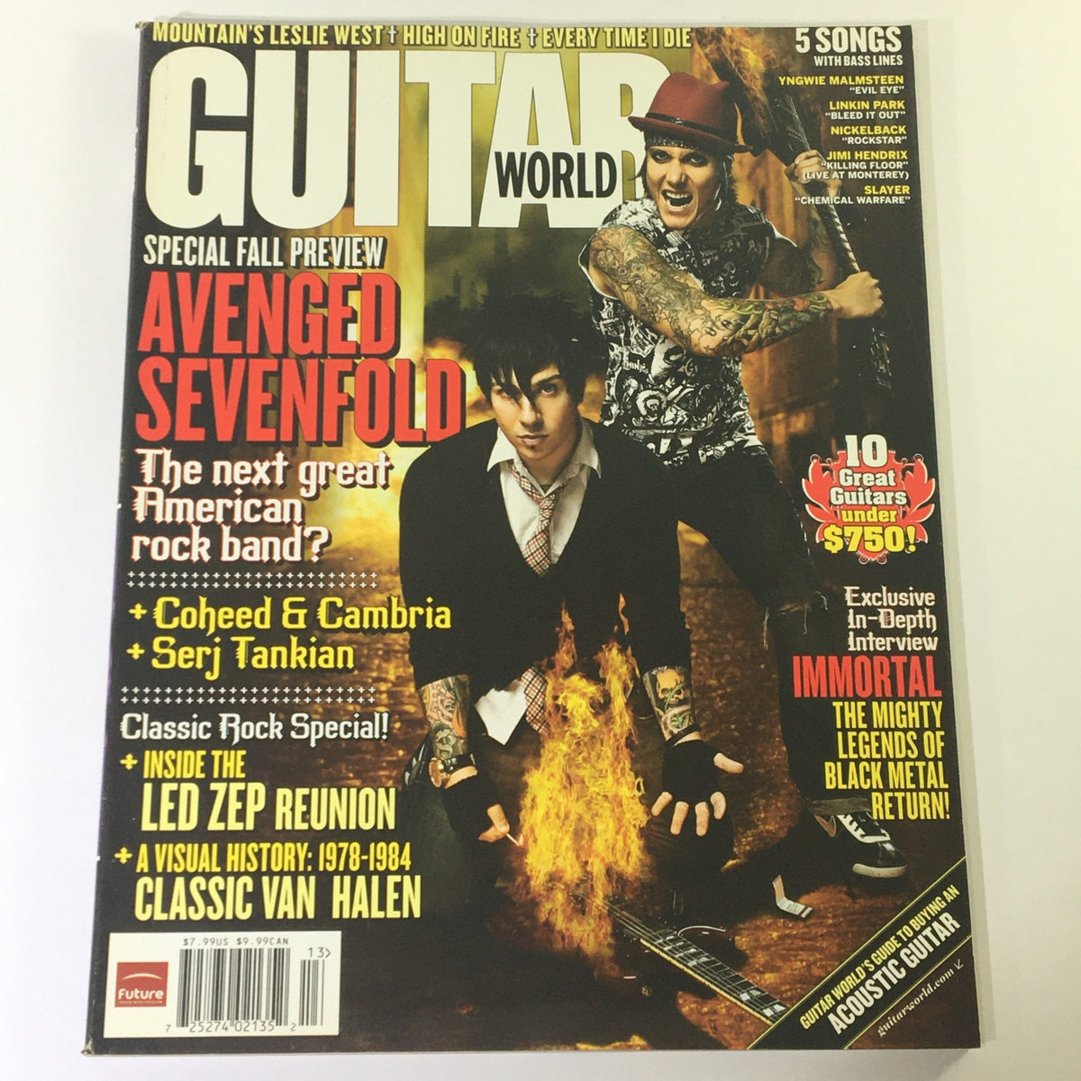 Guitar World Magazine Holiday 2007 featuring Avenge Sevenfold and Coheed & Cambria, showcasing the iconic cover photo with Serj Tankian and details about classic rock features.