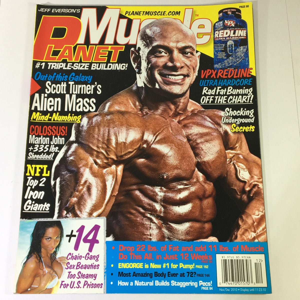 Cover of Planet Muscle Magazine November December 2010 featuring a muscular man, Scott Turner, promoting bodybuilding with headlines on fitness and training.