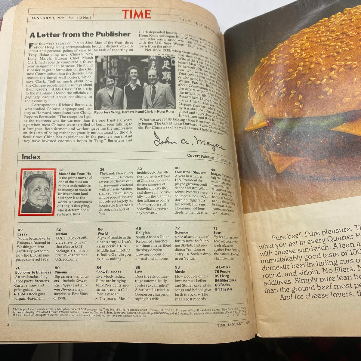 Interior page of Time Magazine from January 1, 1979, displaying a letter from the publisher and the index including Teng Hsiao-Ping as 'Man of the Year'.