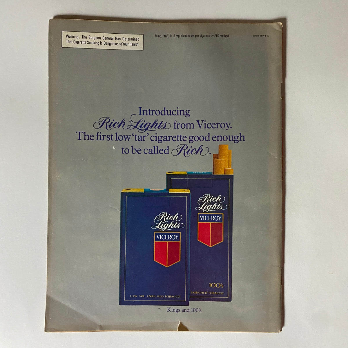 Back cover of Time Magazine dated January 1, 1979, advertising 'Rich Lights' cigarettes from Viceroy.