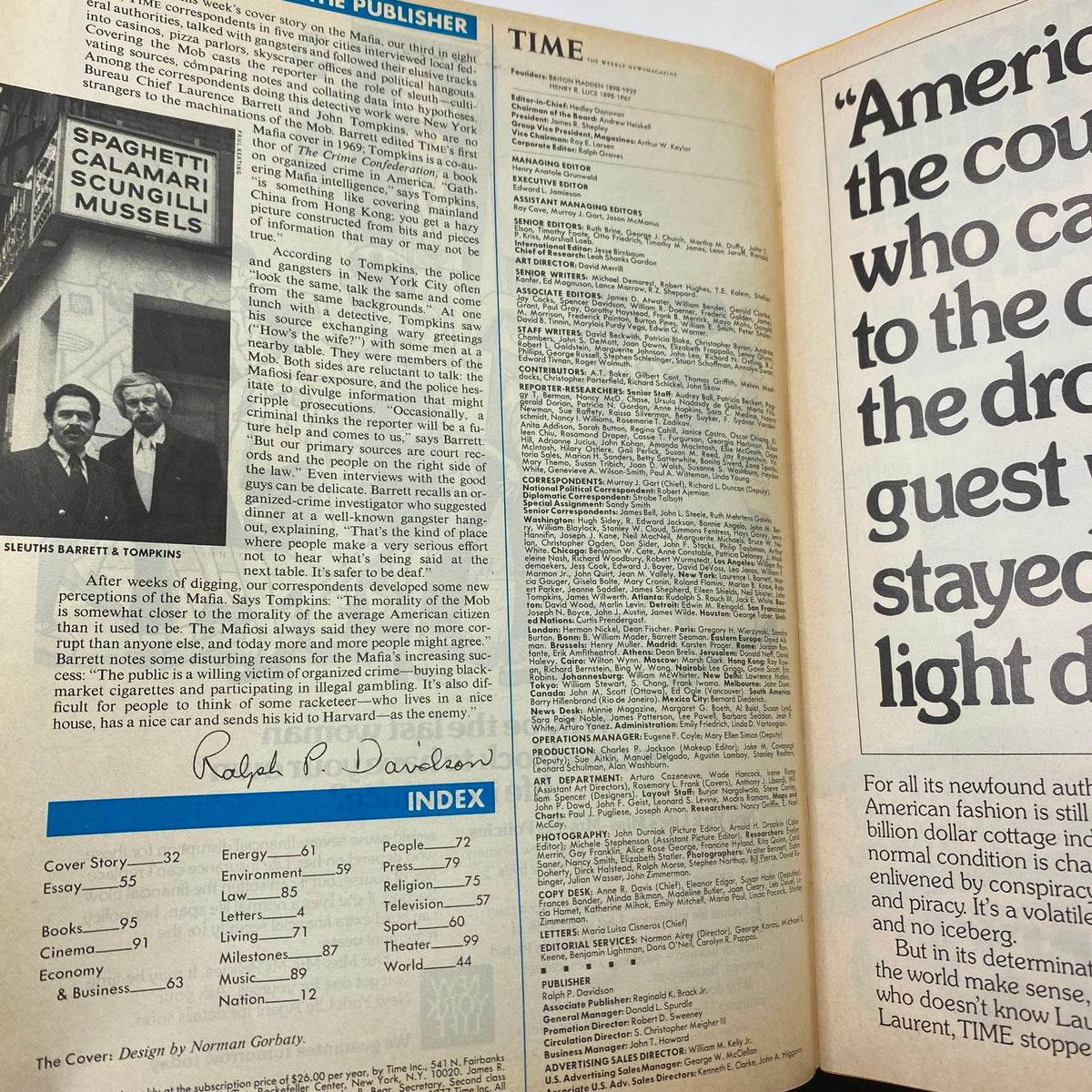 Inside view of VTG Time Magazine May 16, 1977 featuring articles and index on the Mafia, Big and Booming; includes publisher information and various editorial columns.