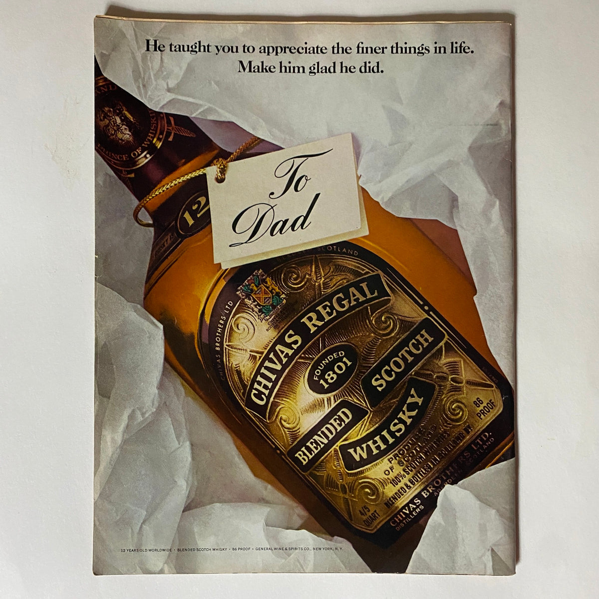 Advertisement from VTG Time Magazine June 13, 1977 featuring Chivas Regal Scotch Whisky with a tag saying 'To Dad'.