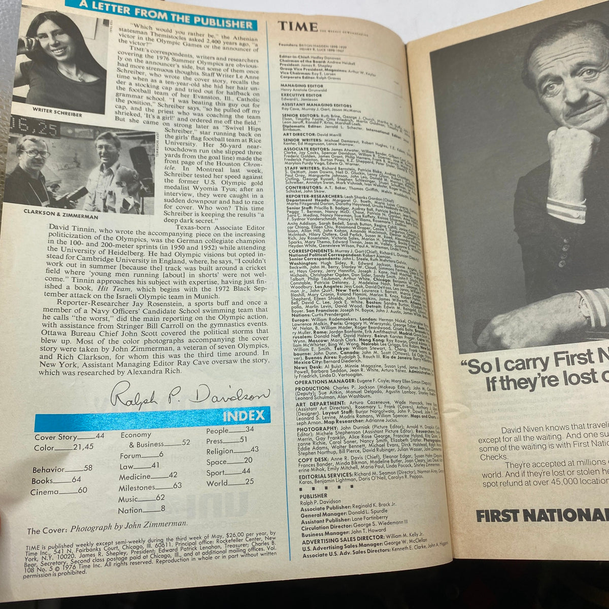 Interior page from VTG Time Magazine August 2, 1976 featuring a letter from the publisher and index, highlighting articles including Rumania's Nadia Comaneci.
