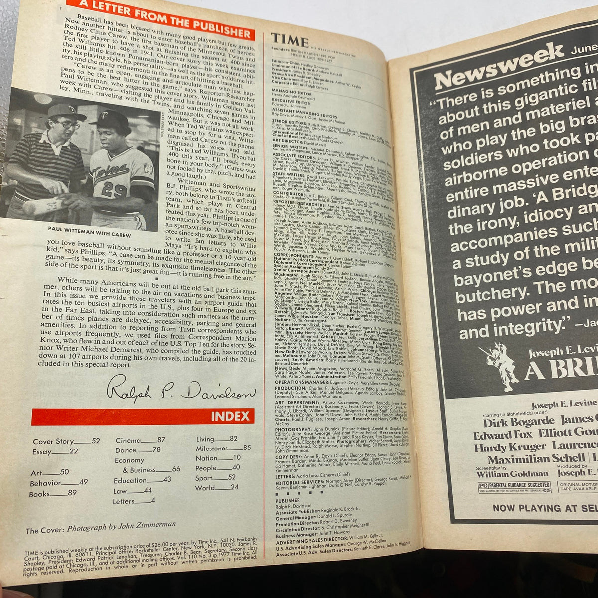 Inside page of the VTG Time Magazine from July 18, 1977, featuring a letter from the publisher and an index.