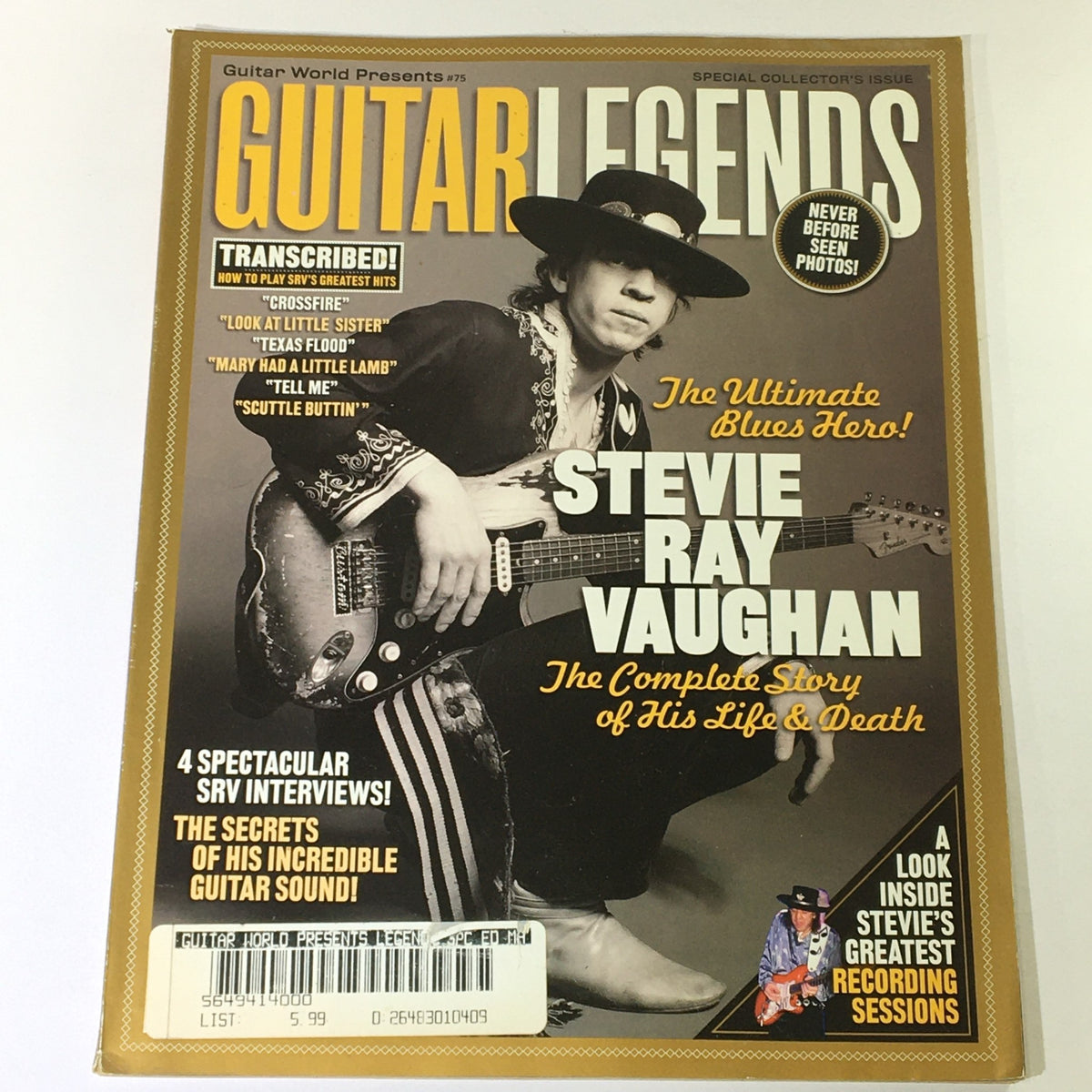 Cover of Guitar Legends Magazine 2004 #75 featuring Stevie Ray Vaughan, highlighting his life and music career, with the text 'The Ultimate Blues Hero!' and promotional details about the magazine's content.
