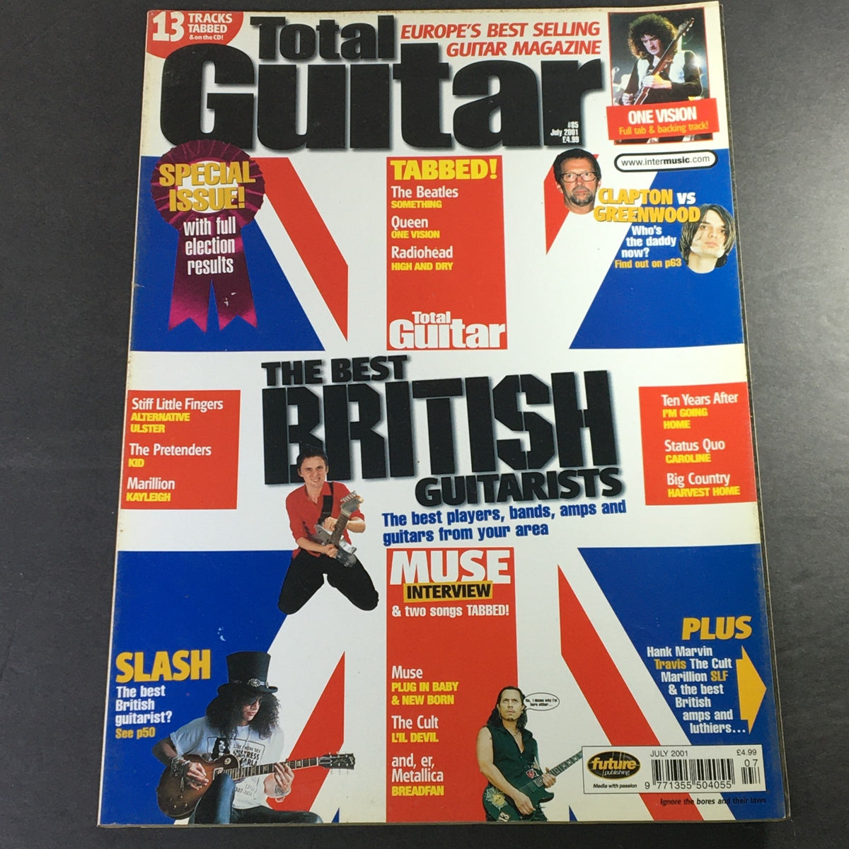 Total Guitar Magazine July 2001 #85 featuring Matt Bellamy, Slash, and Queen's Brian May, showcasing British guitarists on the cover with a vibrant design and music-related headlines.