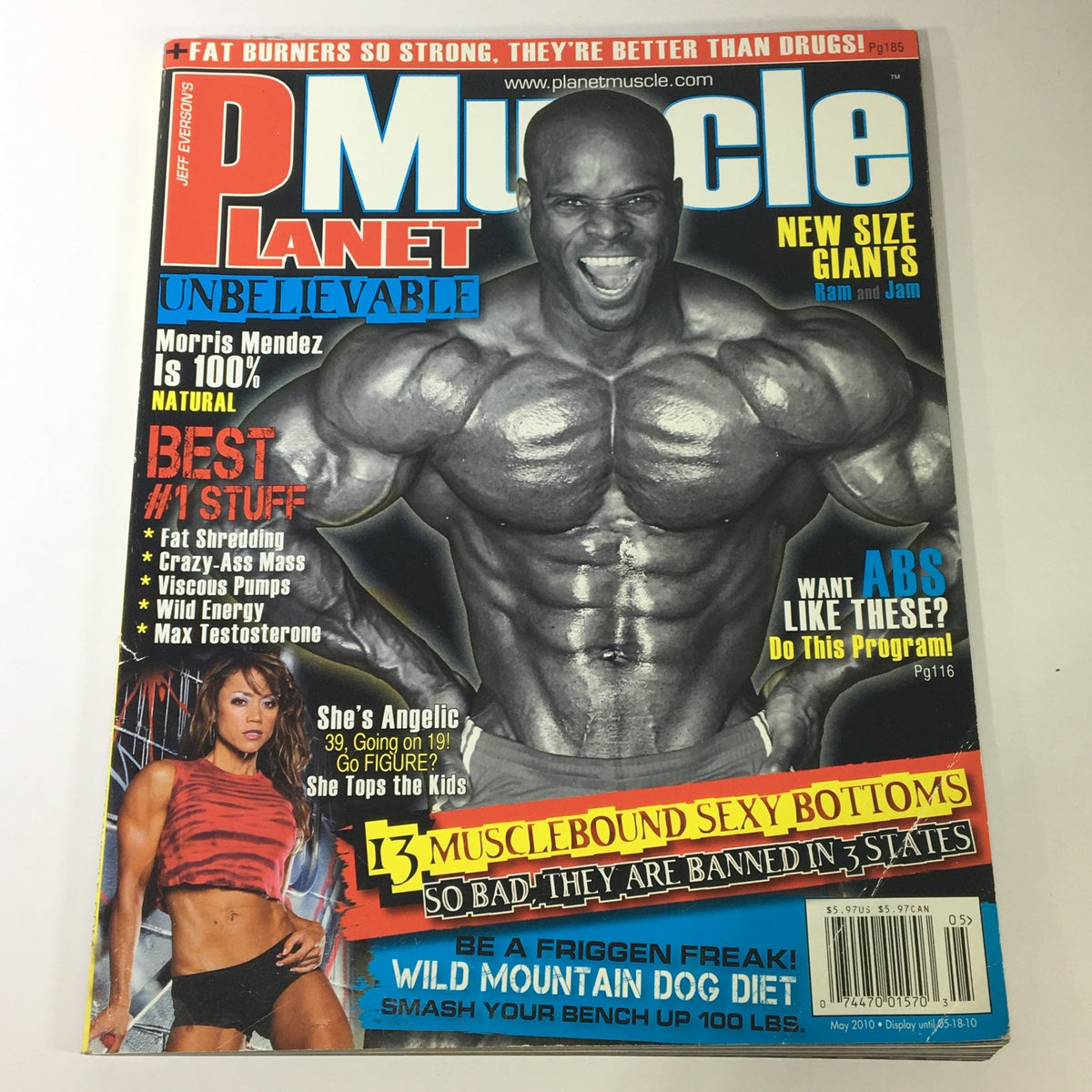 Cover of Planet Muscle Magazine May 2010 featuring Morris Mendez, showcasing '13 Musclebound Sexy Bottoms' and fitness articles, highlighting muscle culture and bodybuilding aesthetics.