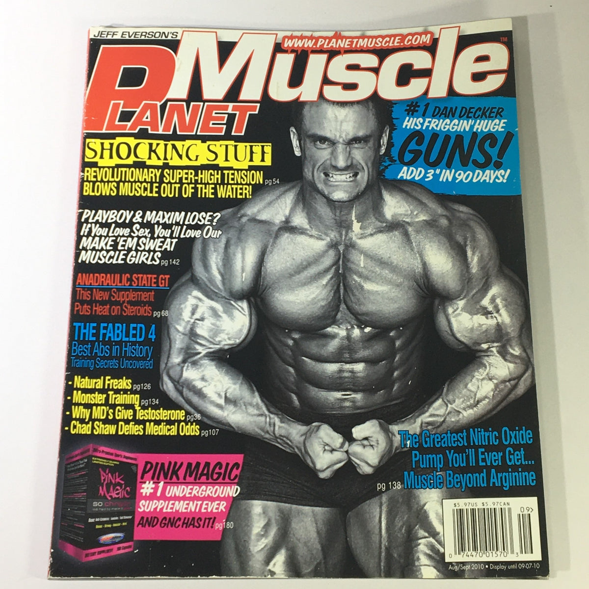 Cover of Planet Muscle Magazine August September 2010 featuring Dan Decker, showcasing impressive muscular physique and fitness tips.