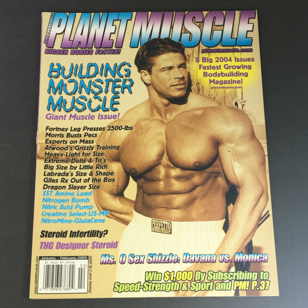 Cover of Planet Muscle Magazine January February 2004 featuring a showdown between Ms. Olympic contenders Davana and Monica, highlighting the theme of bodybuilding and muscle building.