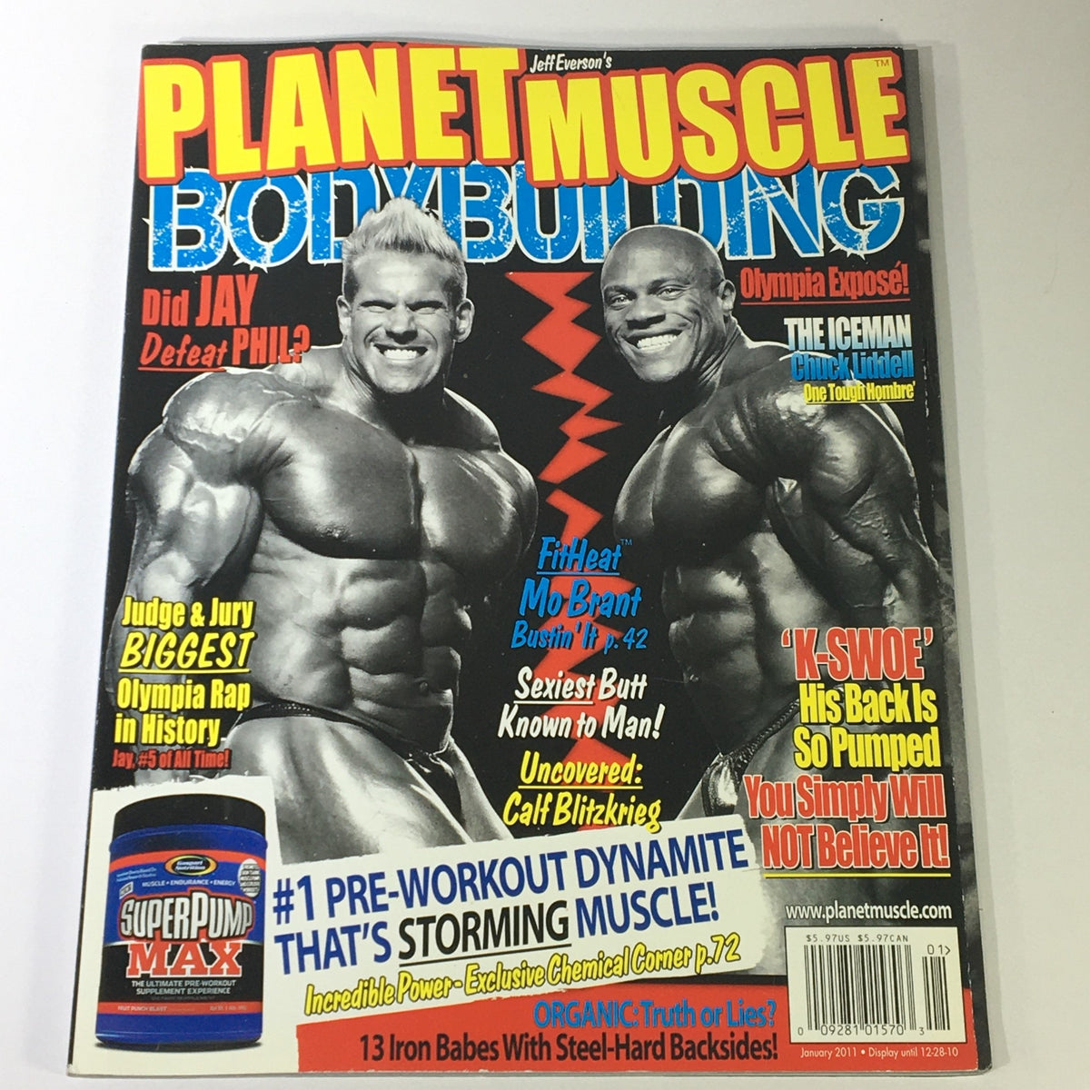 Planet Muscle Bodybuilding January 2011 magazine cover featuring Fit Heat Mo Brand and Jay Cutler versus Phil Heath, highlighting bodybuilding news, pre-workout supplements, and exclusive features.