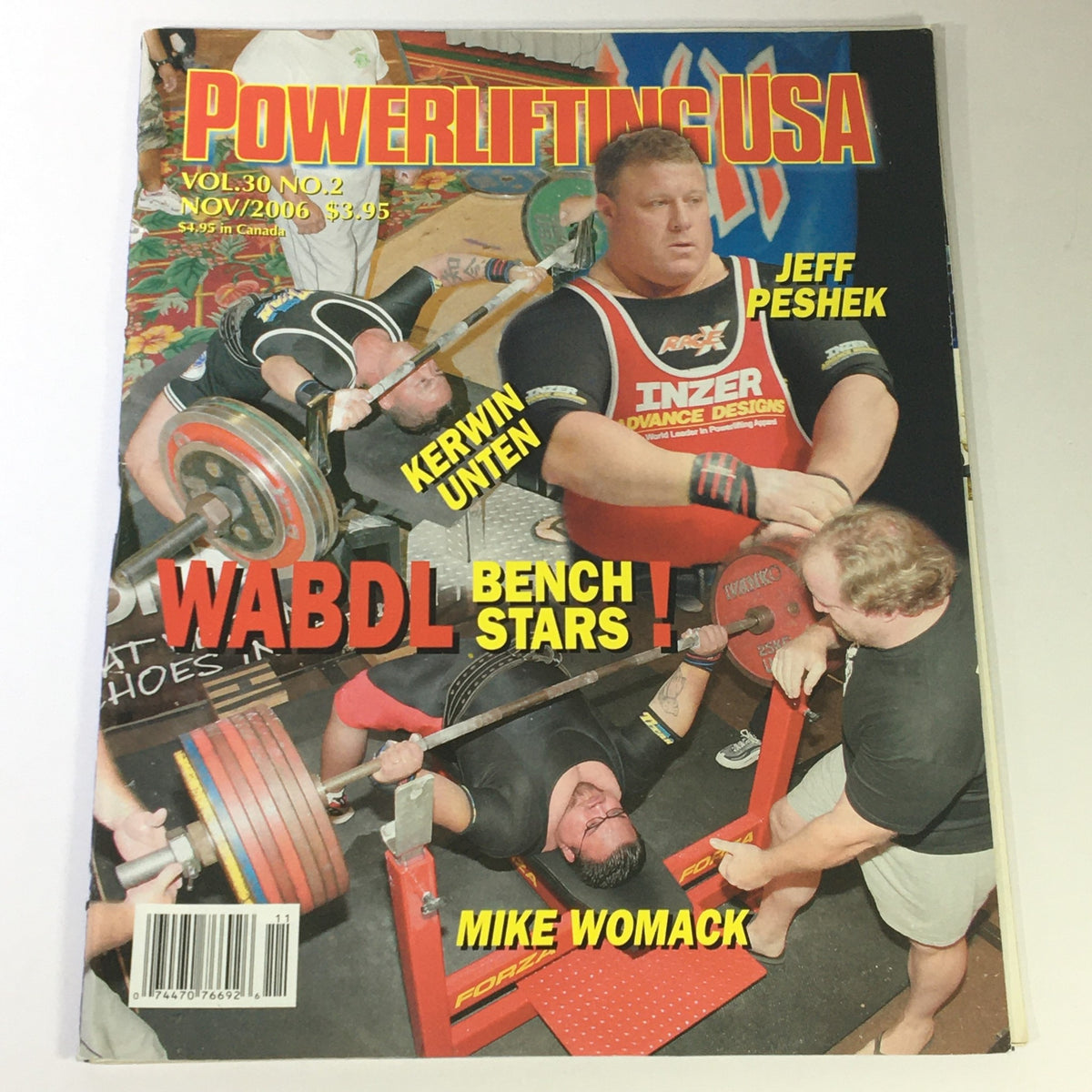Cover of Powerlifting USA November 2006 Vol 30 #2 featuring strength athletes including Jeff Peshek, Kerwin Unten, and Mike Womack in action, showcasing the intensity of powerlifting.