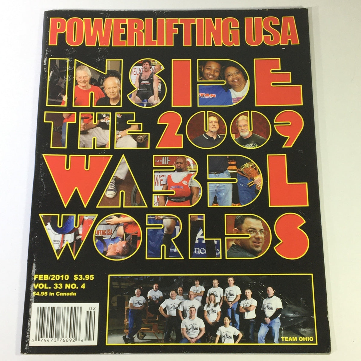 Cover of Powerlifting USA February 2010 Vol 33 #4 featuring the 2009 WABDL Worlds event, showcasing various competitors and highlights related to powerlifting.