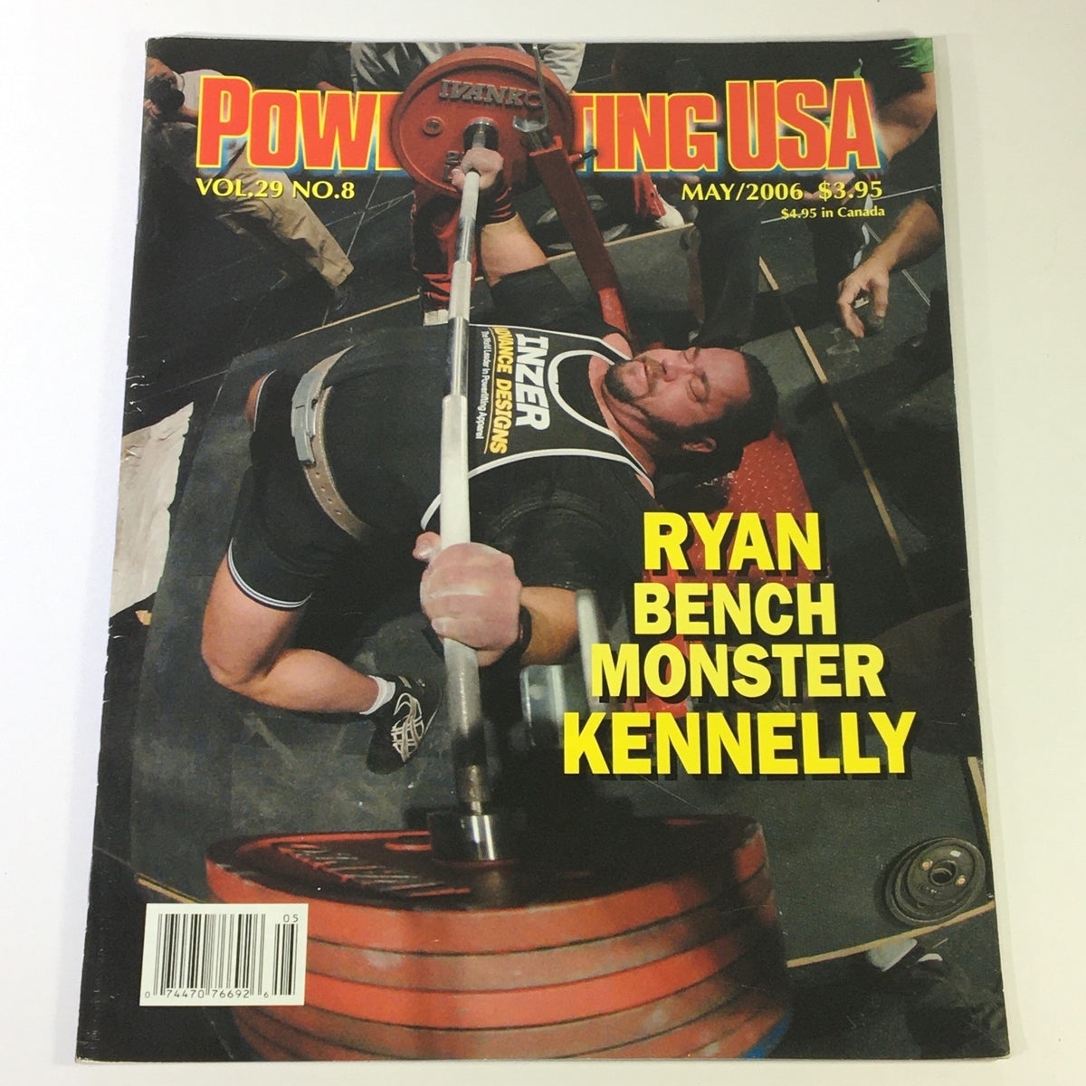 Powerlifting USA May 2006 Vol 29 #8 featuring Ryan 'Bench Monster' Kennelly on the cover, showcasing weightlifting action with weights and gym equipment.