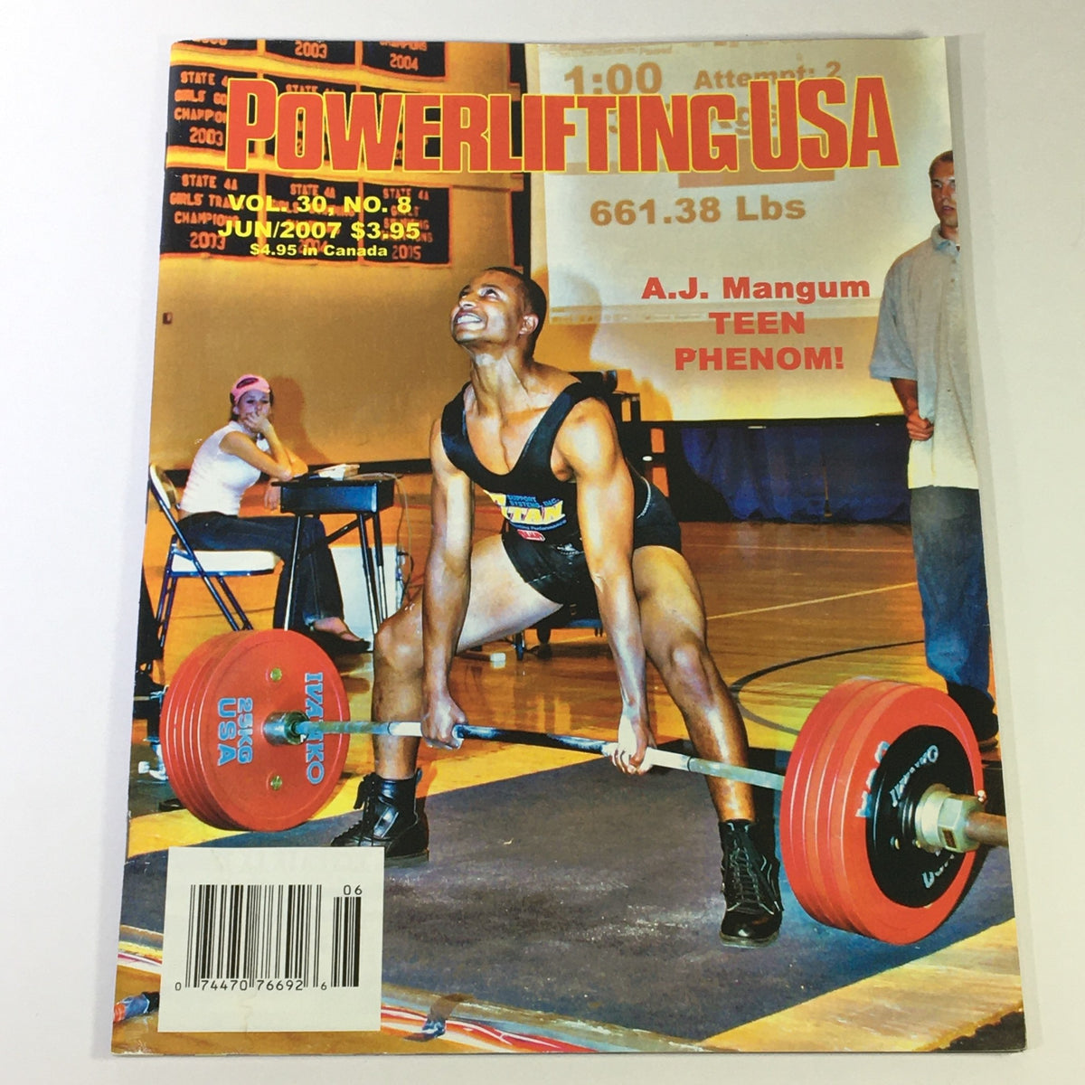 Cover of Powerlifting USA June 2007 Vol 30 #8 featuring A.J. Magnum, showcasing him during a powerlifting lift with weights, emphasizing the highlight of the WABDL Teenage Nationals.