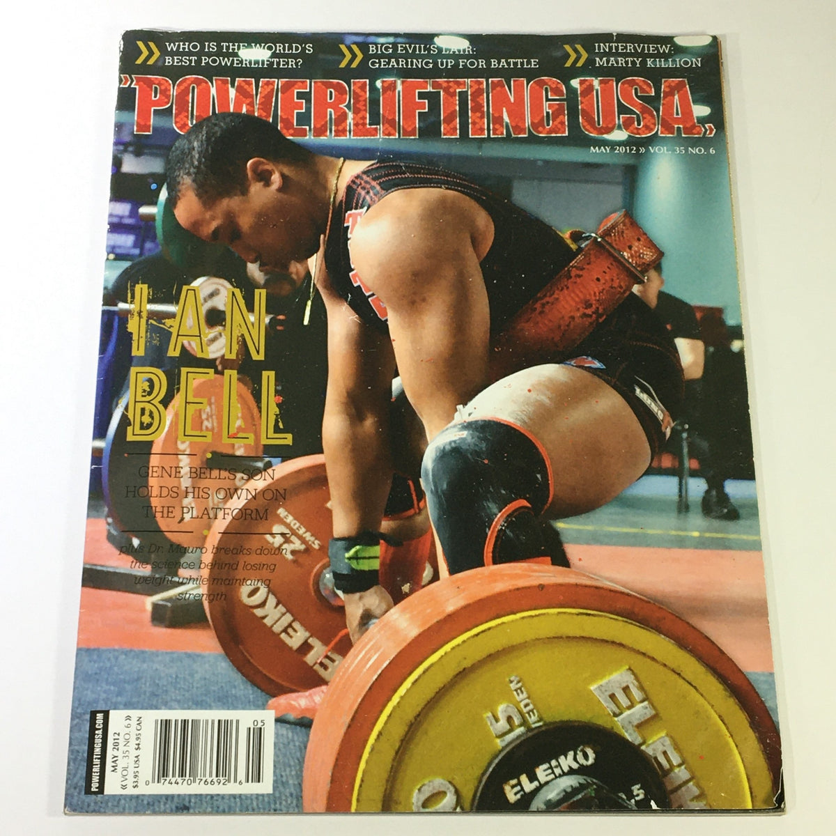 Powerlifting USA May 2012 Vol 35 #6 cover featuring Ian Bell lifting weights, showcasing powerlifting sports and the Marty Killon interview.