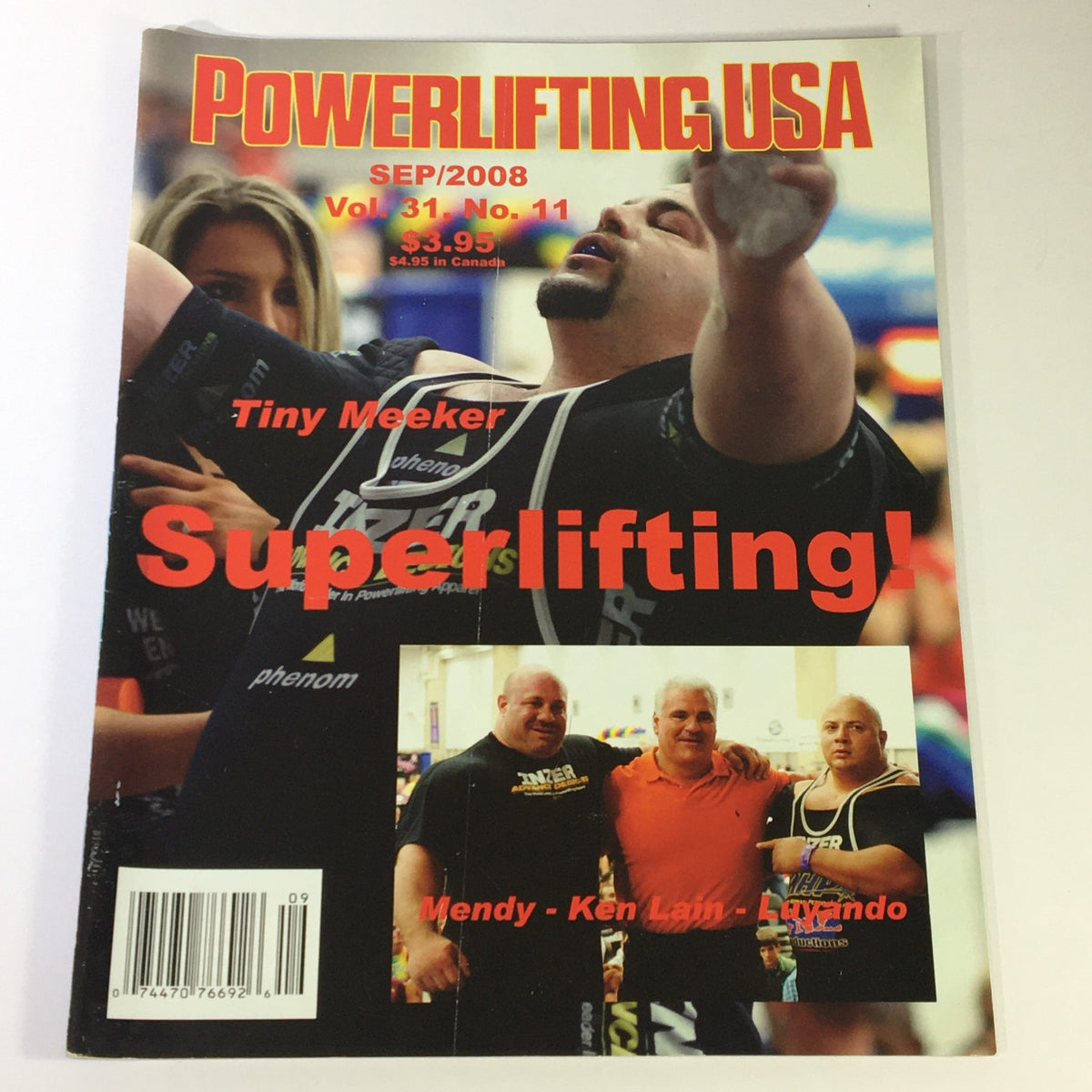 Powerlifting USA September 2008 Vol 31 No 11 cover featuring Tiny Meeker, with content on superlifting, and images of athletes including Scot Mendelson and Ken Lain.