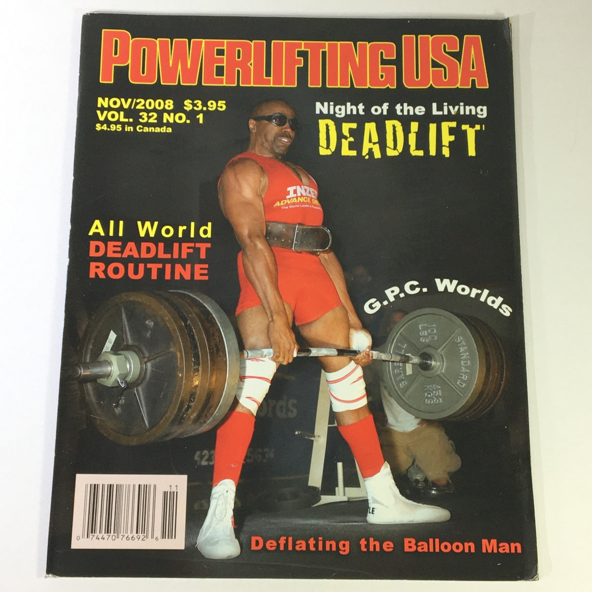 Cover of Powerlifting USA November 2008 Vol 32 No 1 featuring Tee Meyers at the USAPL Deadlift Contest, showcasing powerlifting highlights and key information such as 'Night of the Living Deadlift' and 'Deflating the Balloon Man'.