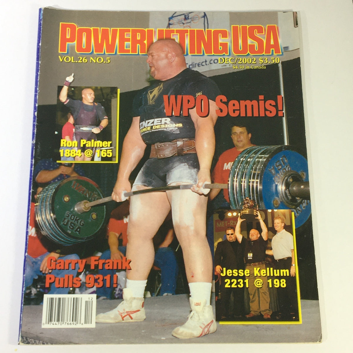 Cover of Powerlifting USA December 2002 Vol 26 #5 featuring Ron Palmer, Jesse Kellum, and Garry Frank. Showcasing Ron Palmer lifting weights at the WPO Semis and notable highlights from the powerlifting community.