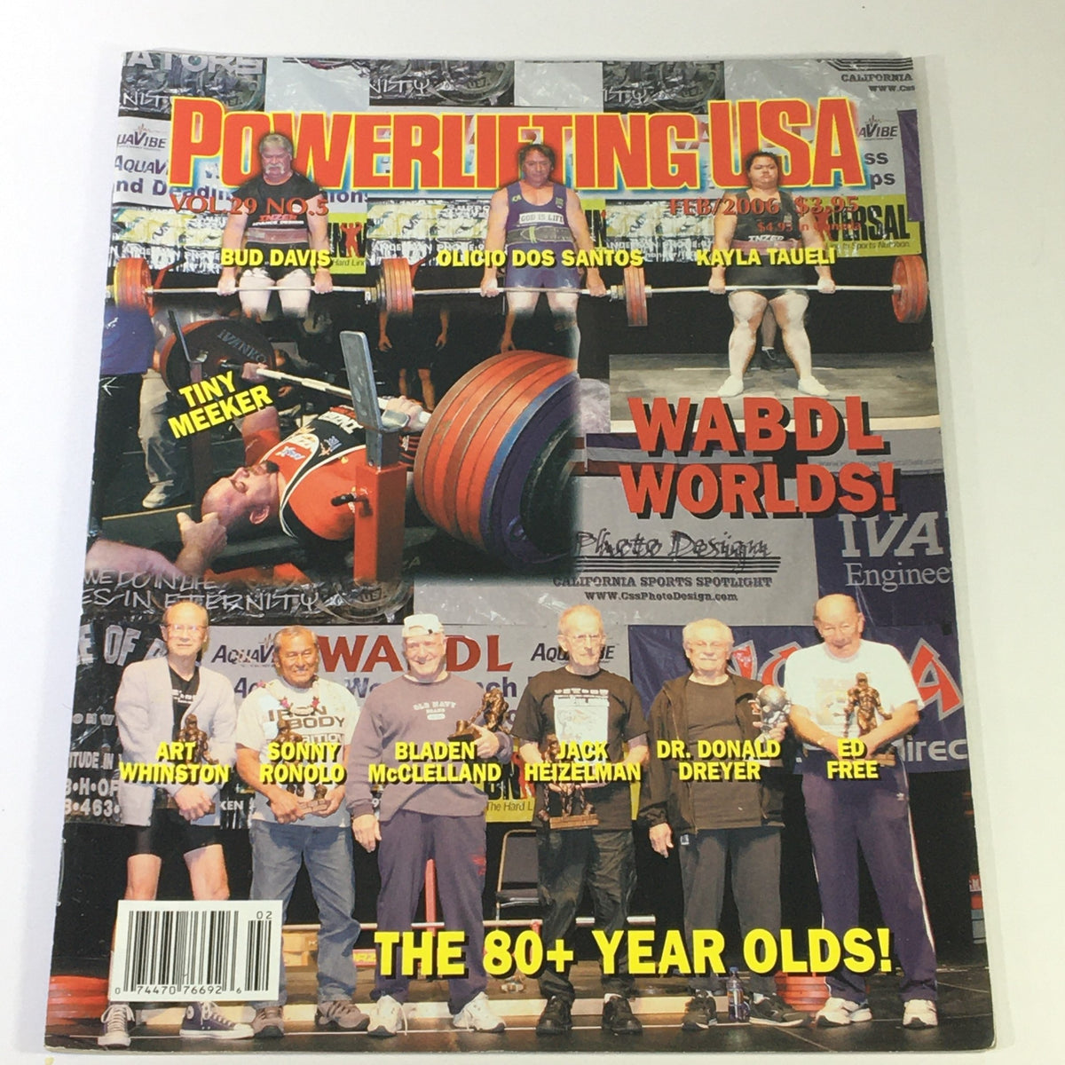 Cover of Powerlifting USA February 2006 Vol 29 #5 featuring WABDL World Champions Bud Davis and others, showcasing athletes and events from Powerlifting, with highlights of various competitors and details of the championship.
